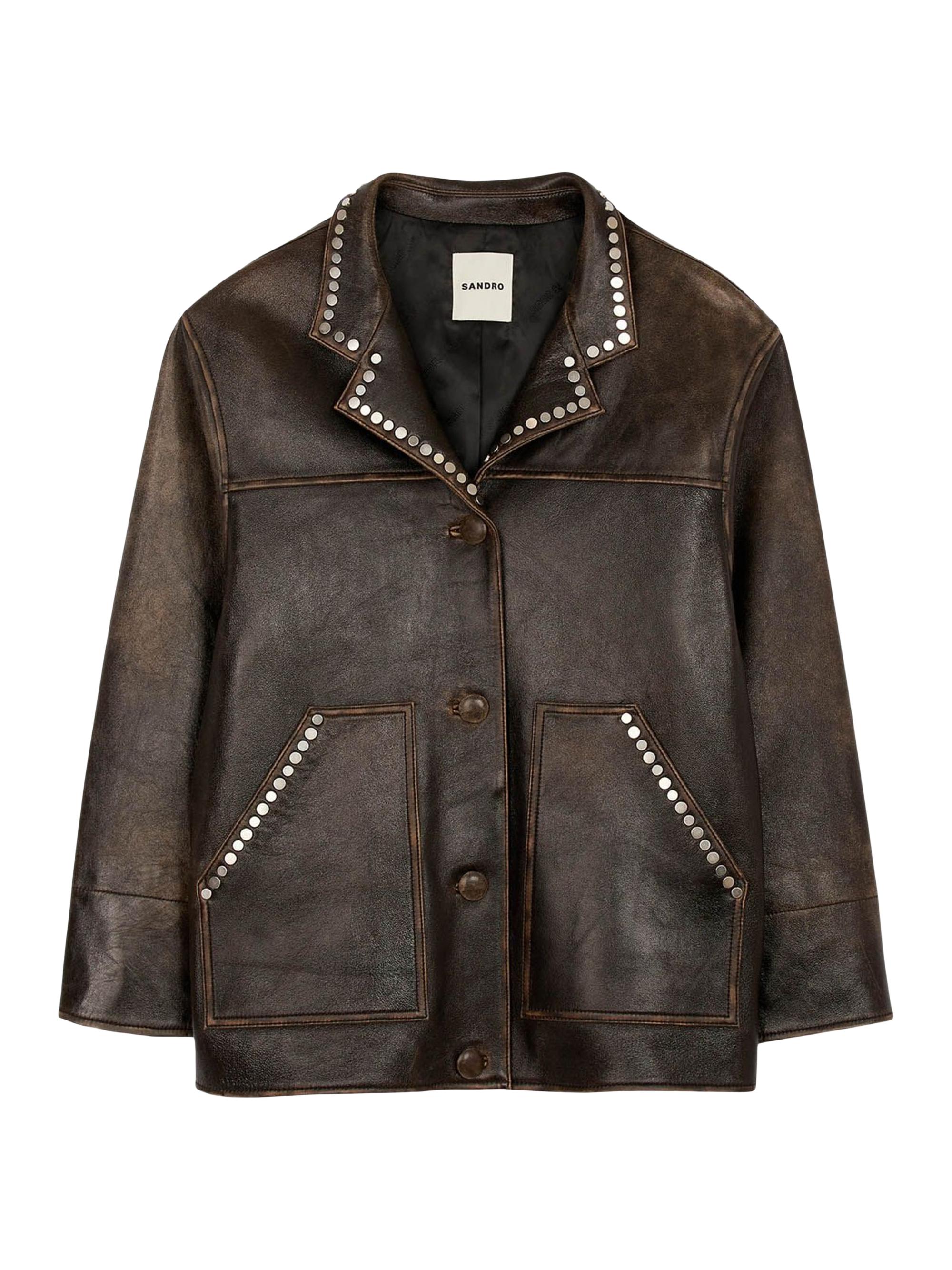 Sandro Women's Oversized Leather Jacket with Studs - Brown