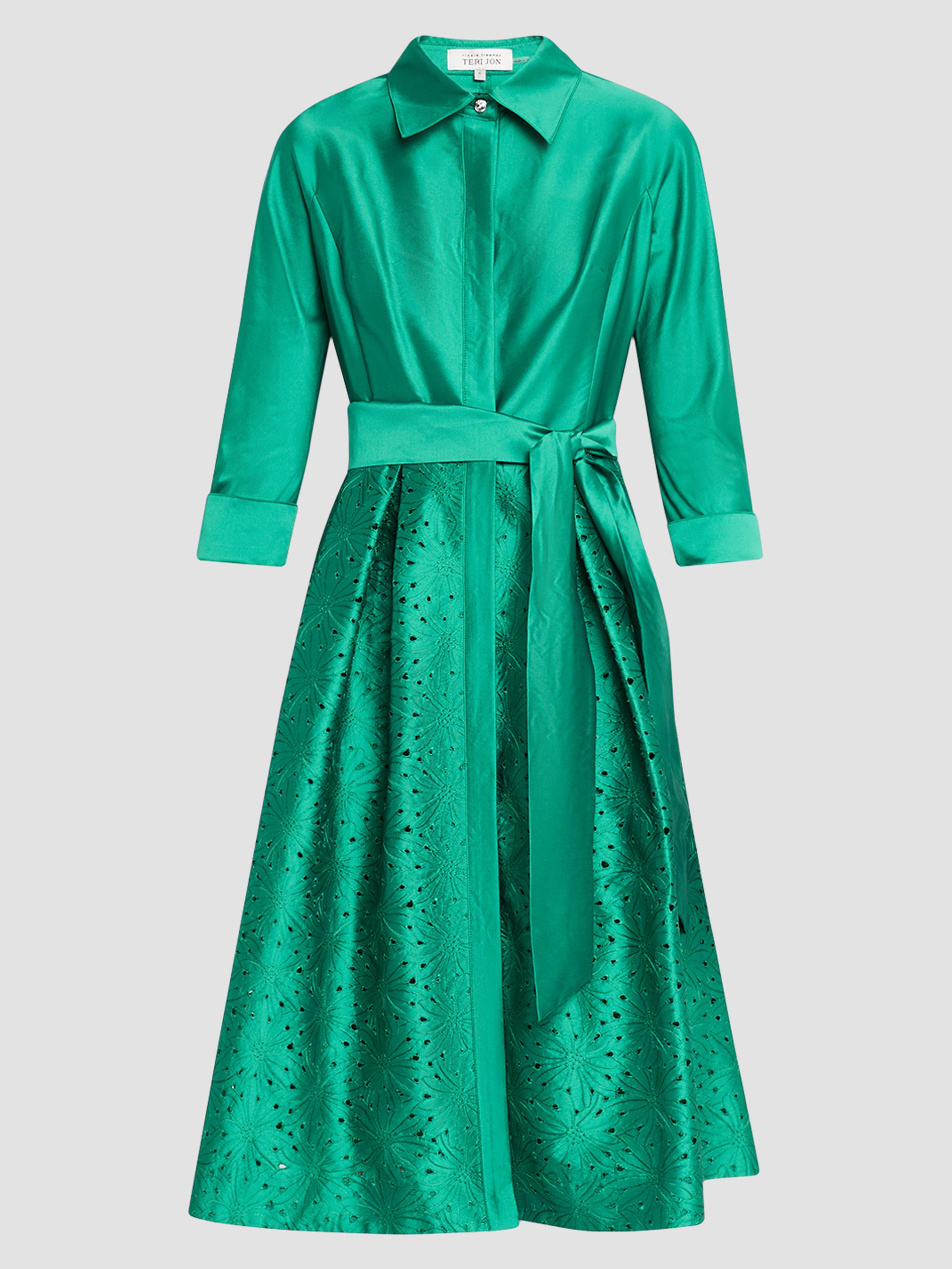 Teri Jon by Rickie Freeman Women's Satin Eyelet Cocktail Shirtdress - Green | Thumbnail 6