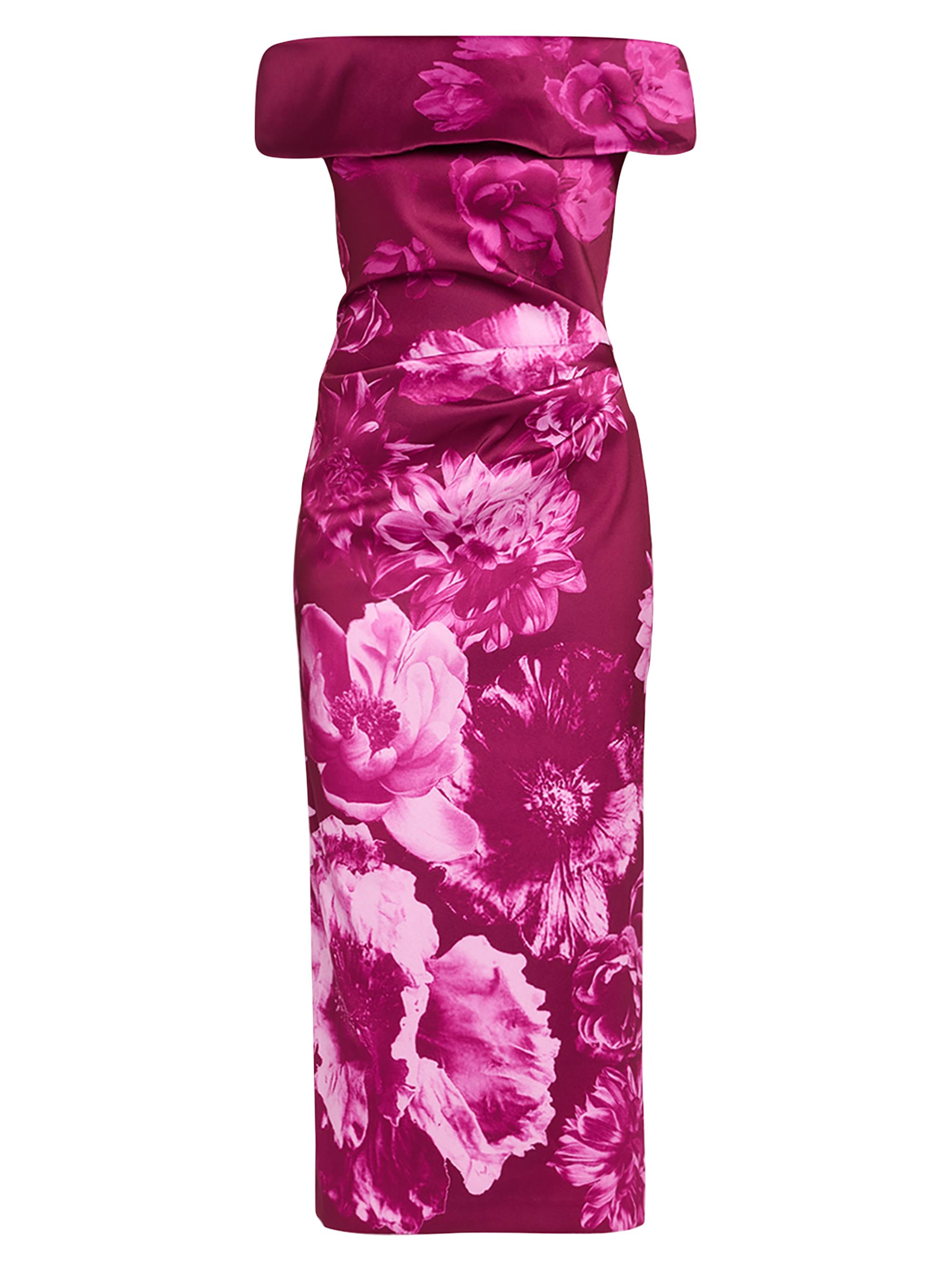 Teri Jon by Rickie Freeman Women's Ruched Floral Off-The-Shoulder Midi-Dress - Dark Pink