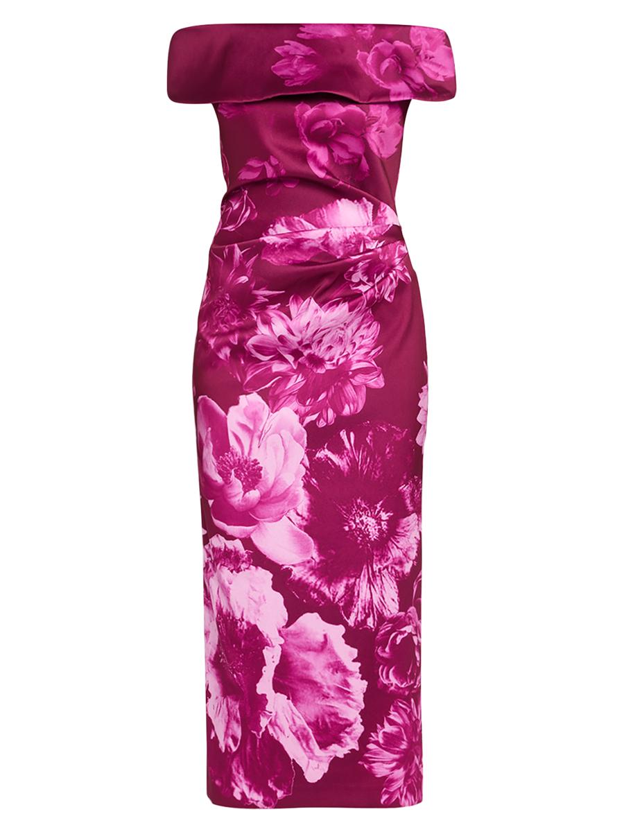 Teri Jon Women's Ruched Floral Off-the-shoulder Midi-dress In Pink