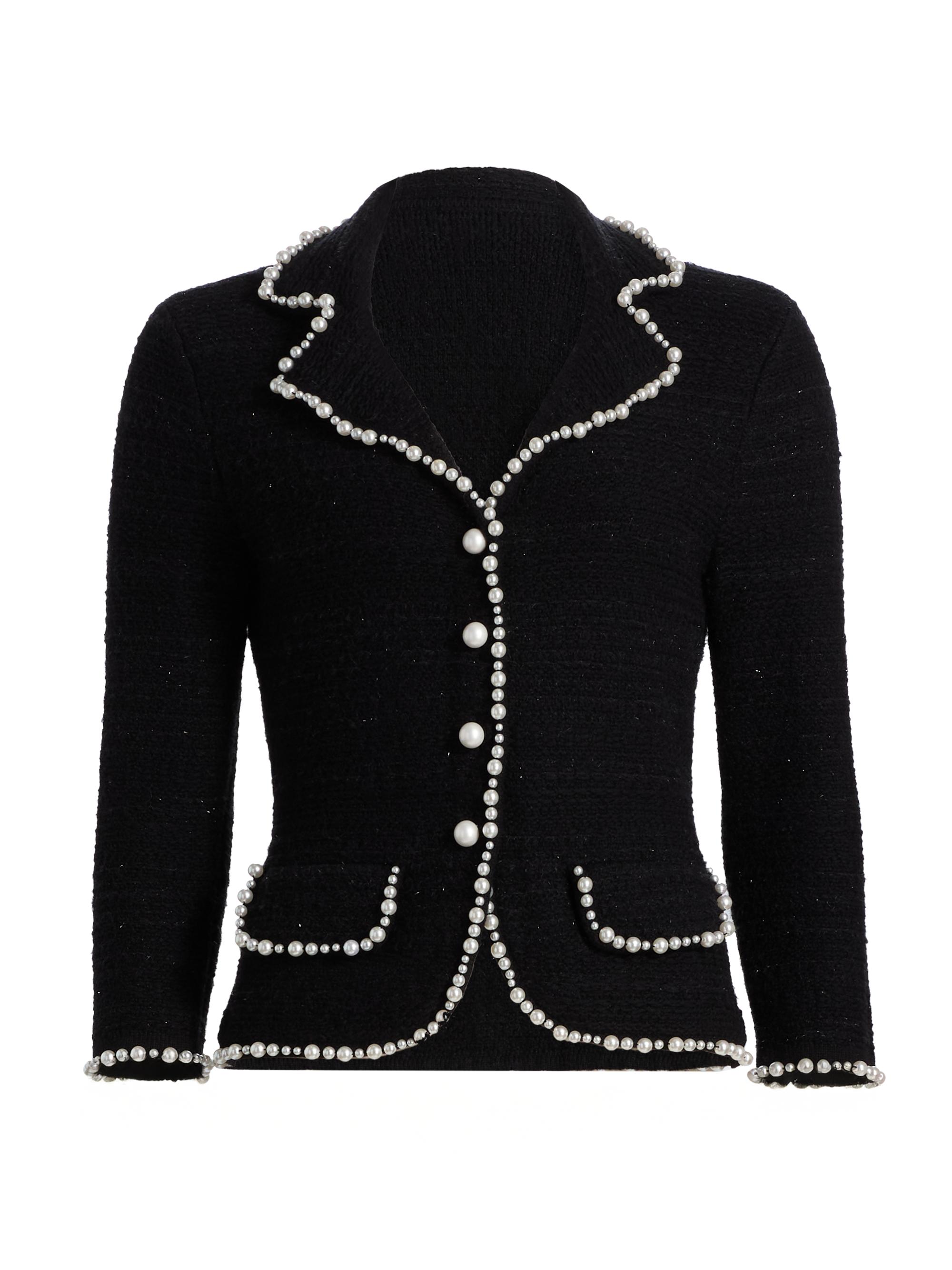 Teri Jon by Rickie Freeman Women's Metallic Knit Imitation-Pearl Trim Blazer - Black