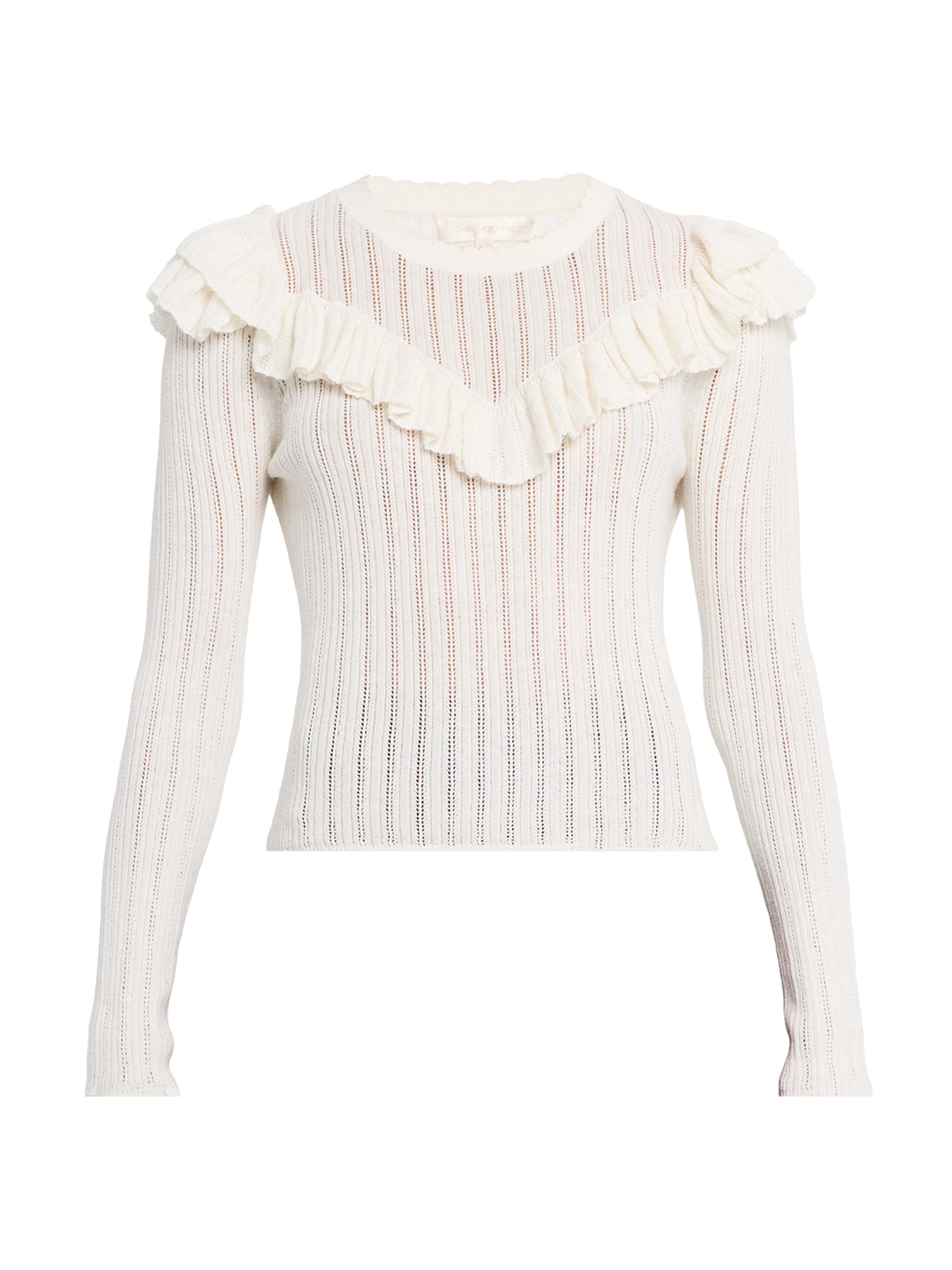 LoveShackFancy Women's Presla Pointelle Ruffle Sweater - White