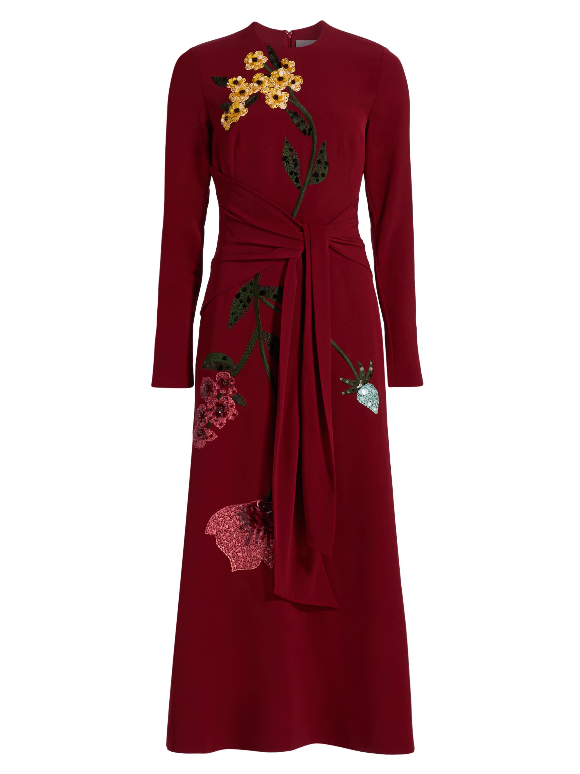 Lela Rose Women's Sequin-Embellished Floral Tie-Waist Midi-Dress - Wine