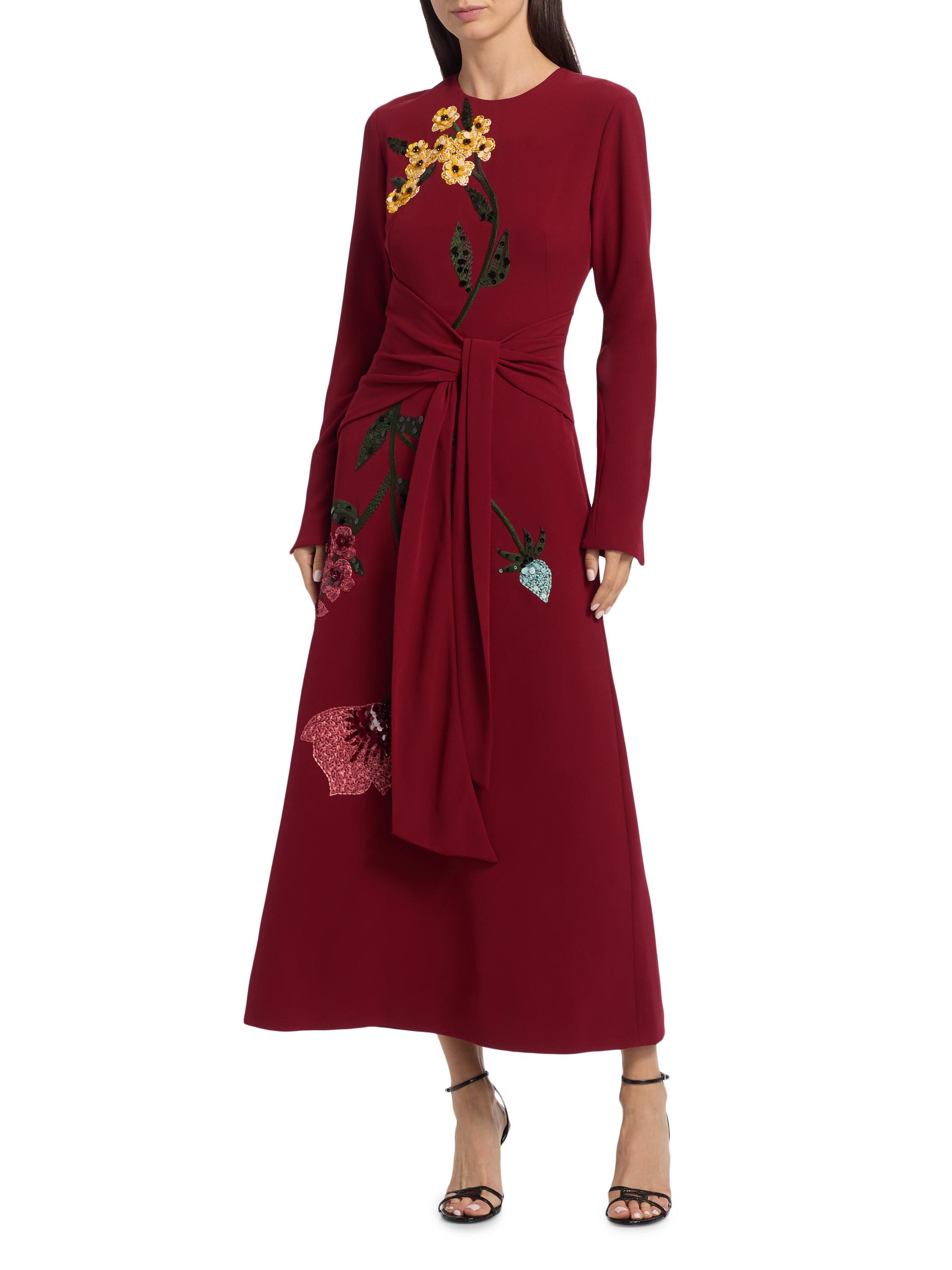 Lela Rose Women's Sequin-Embellished Floral Tie-Waist Midi-Dress - Wine | Thumbnail 3