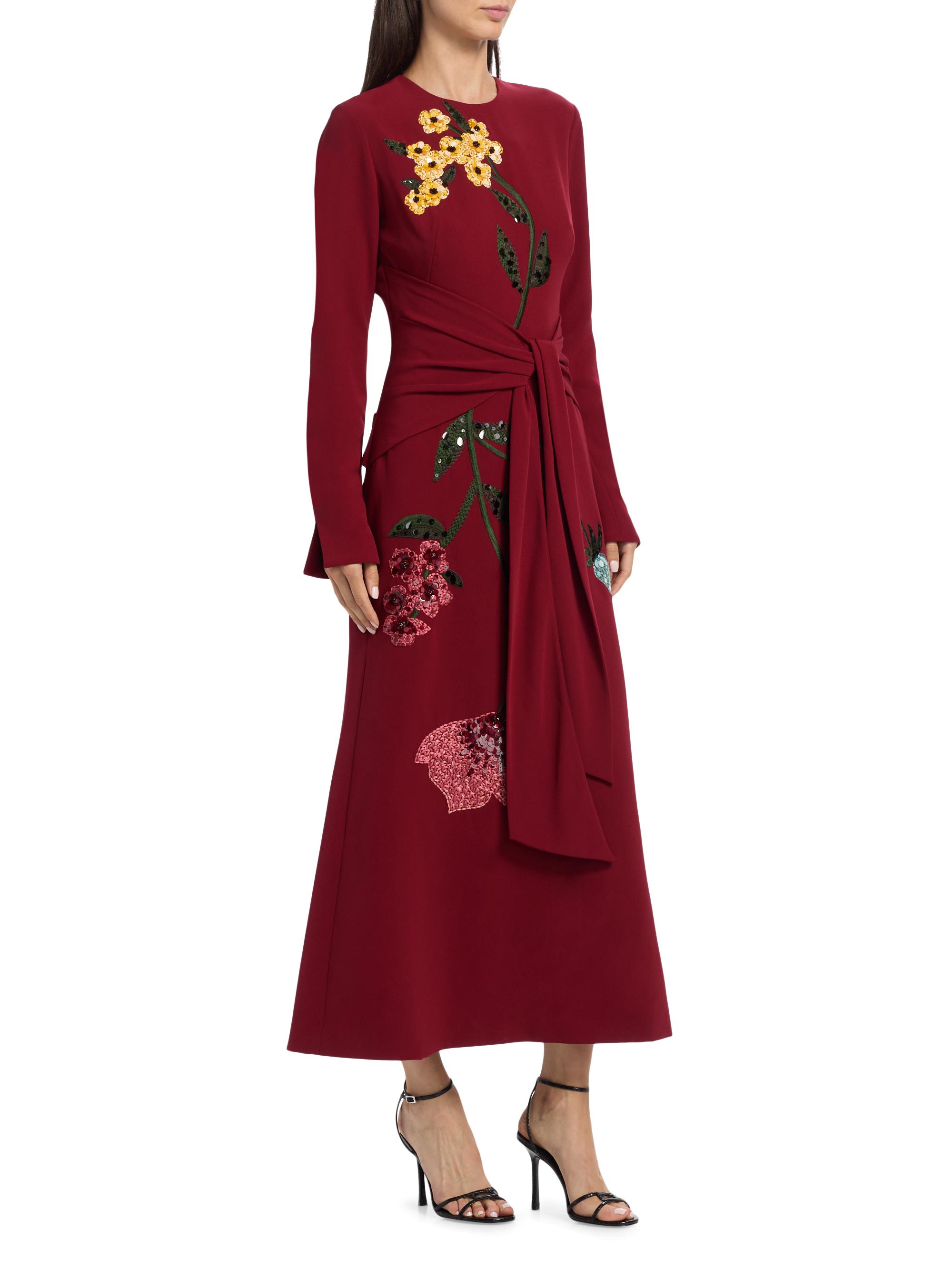 Lela Rose Women's Sequin-Embellished Floral Tie-Waist Midi-Dress - Wine | Thumbnail 4
