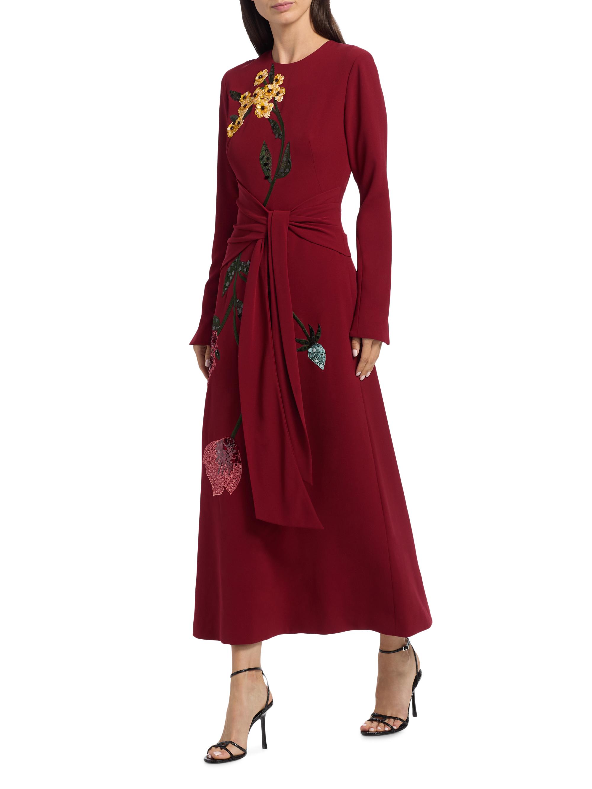 Lela Rose Women's Sequin-Embellished Floral Tie-Waist Midi-Dress - Wine | Thumbnail 2