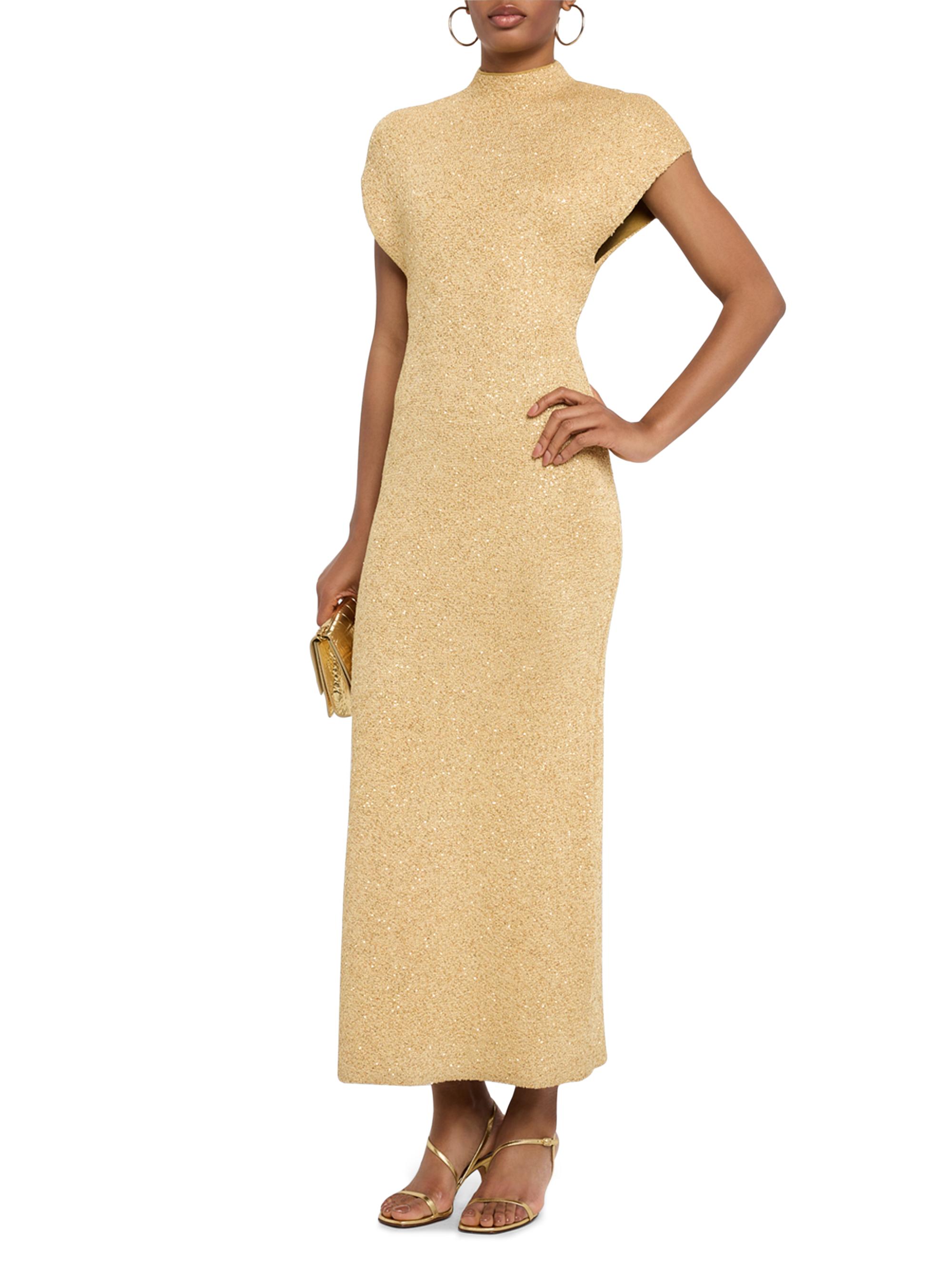 black bodycon dress with gold studs Gold Flame Solid Color Turtleneck Drop Shoulder Loose Sweater Dress main image 1