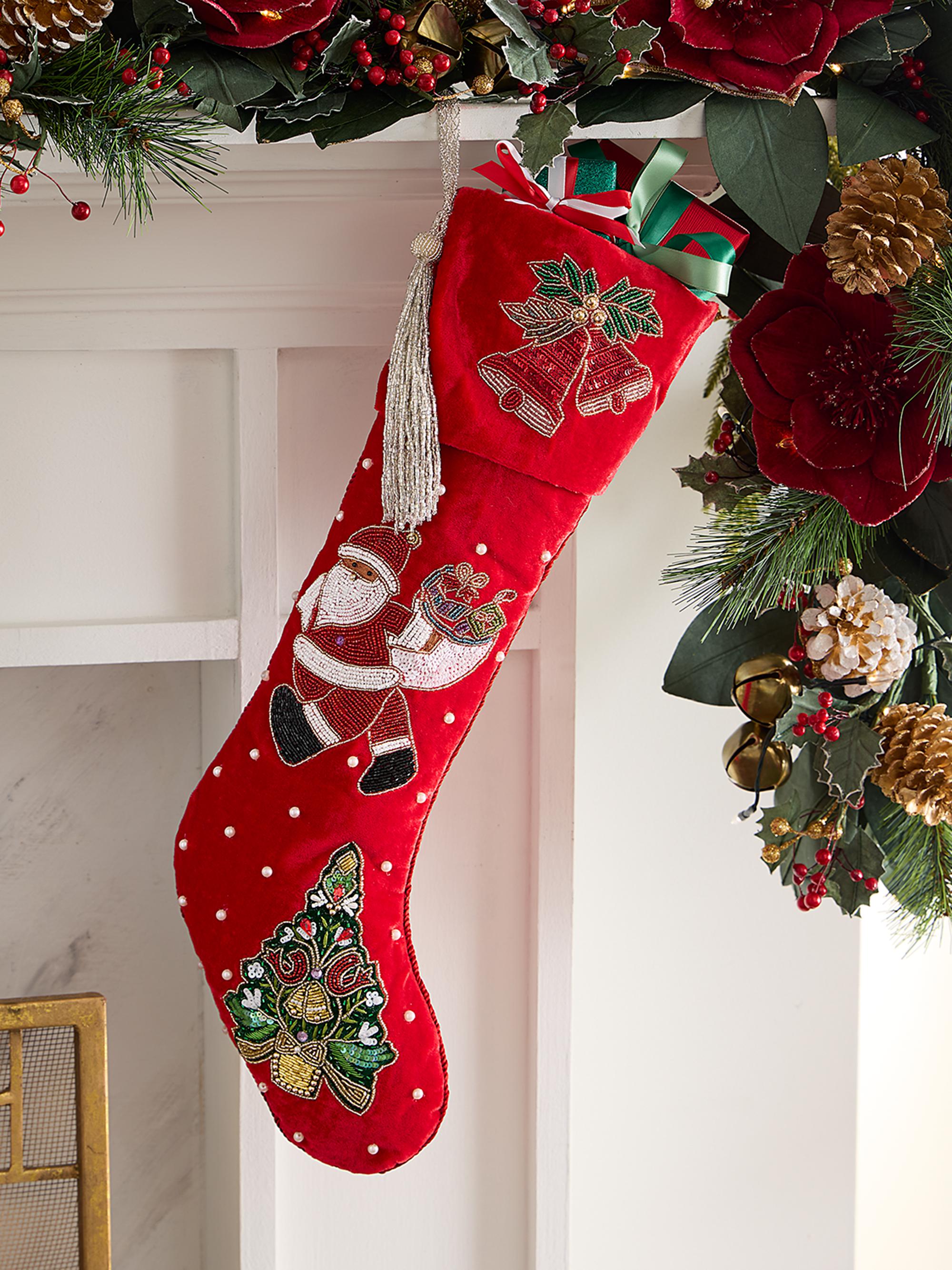 Sudha Pennathur Beaded Santa & Tree Velvet Holiday Stocking
