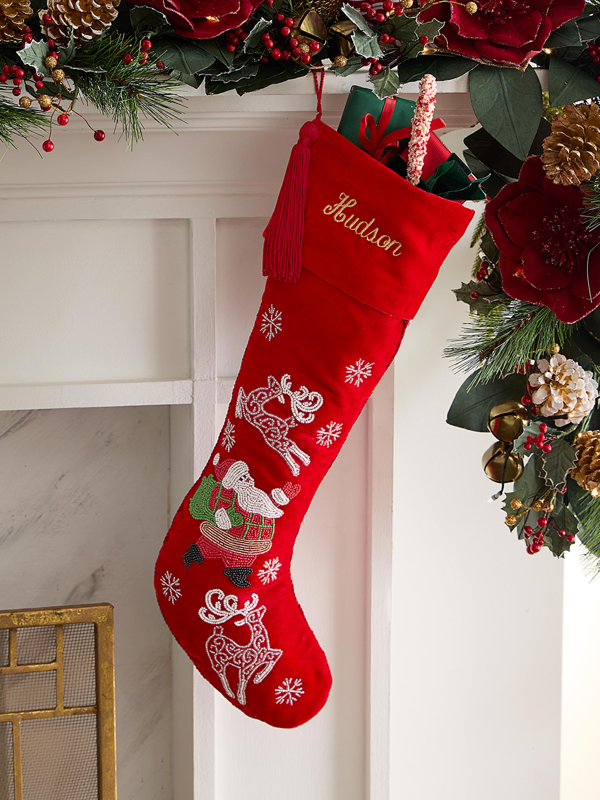 Sudha Pennathur Beaded Santa & Reindeer Velvet Holiday Stocking