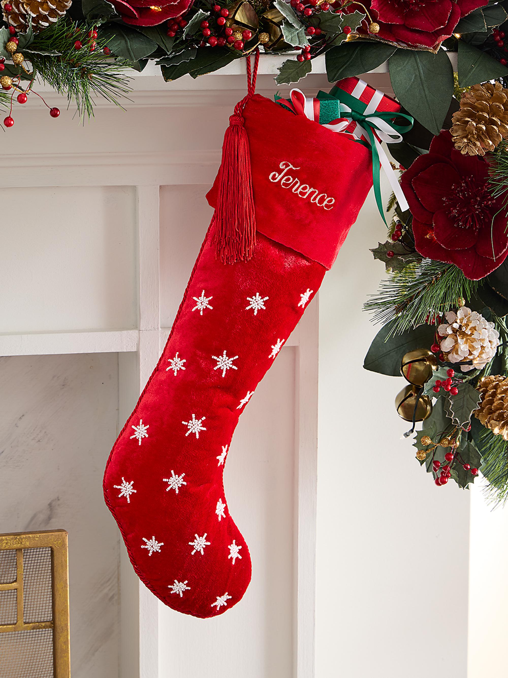 Sudha Pennathur Beaded Snowflakes Velvet Holiday Stocking