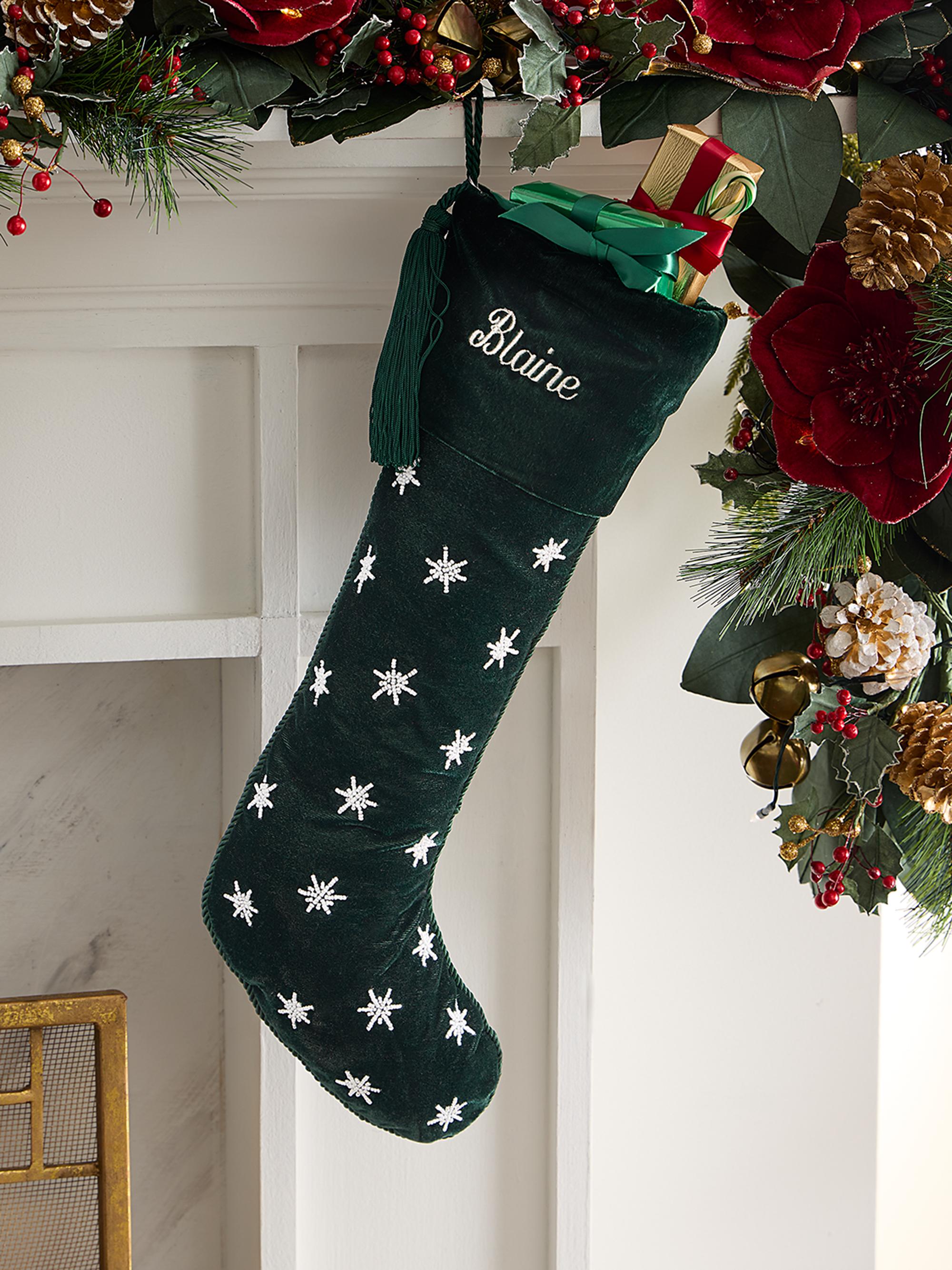 Sudha Pennathur Beaded Snowflakes Velvet Holiday Stocking
