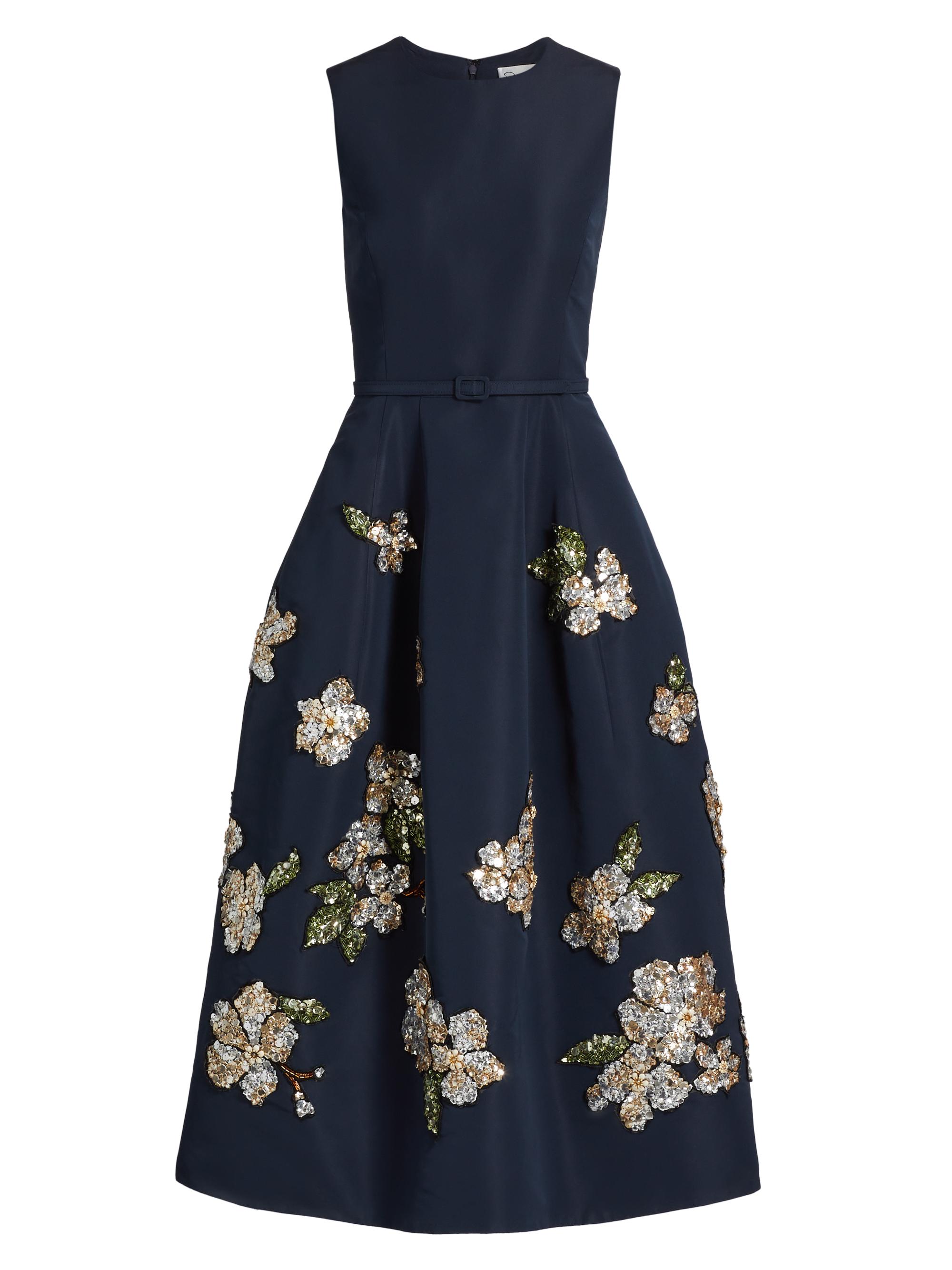 Oscar de la Renta Women's Sequin-Embellished Floral Belted Cocktail Dress - Navy