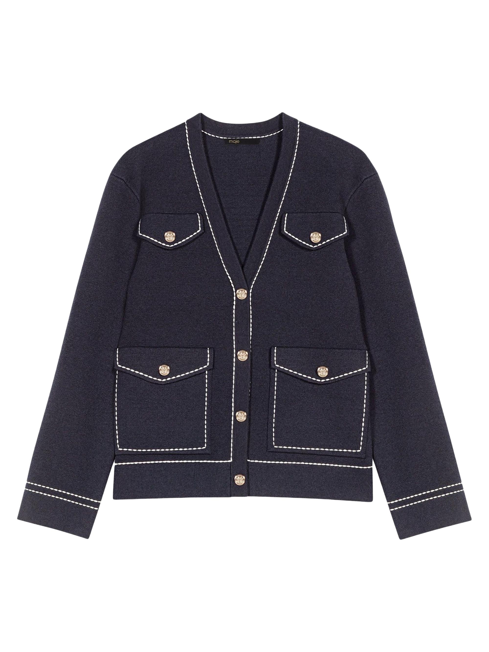 Maje Women's Long Topstitched Knit Cardigan - Navy