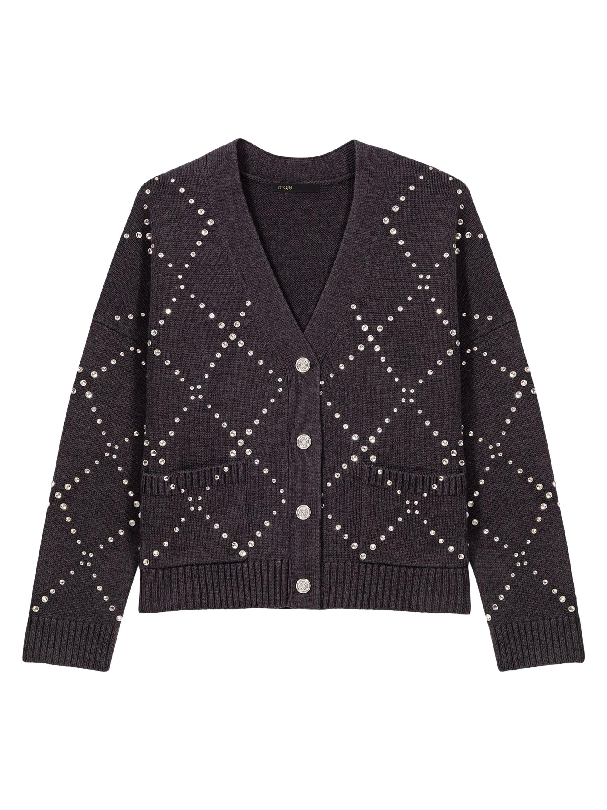 Maje Women's Rhinestone Check Cardigan - Grey
