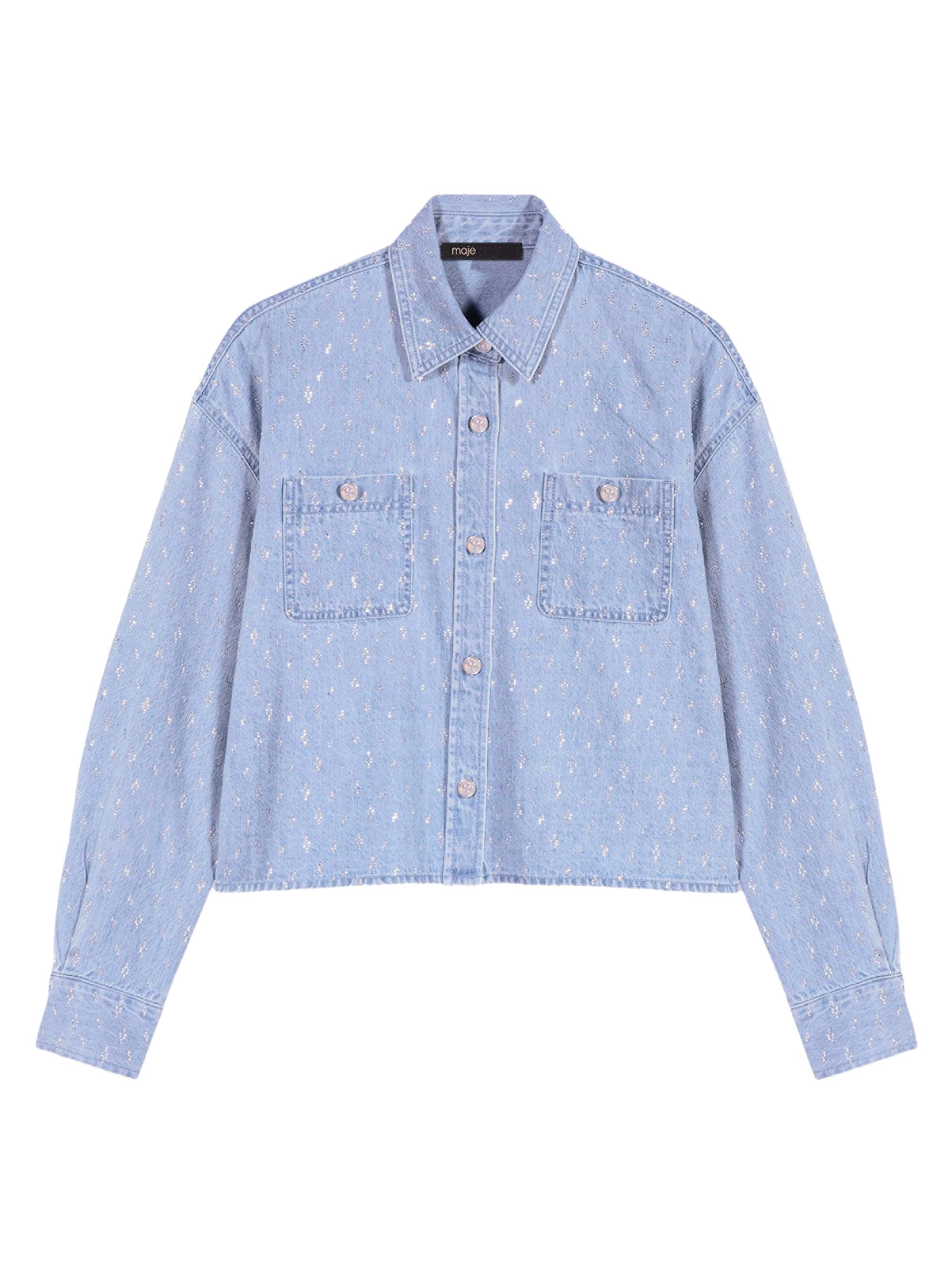 Maje Women's Short Rhinestone Denim Shirt - Denim Blue