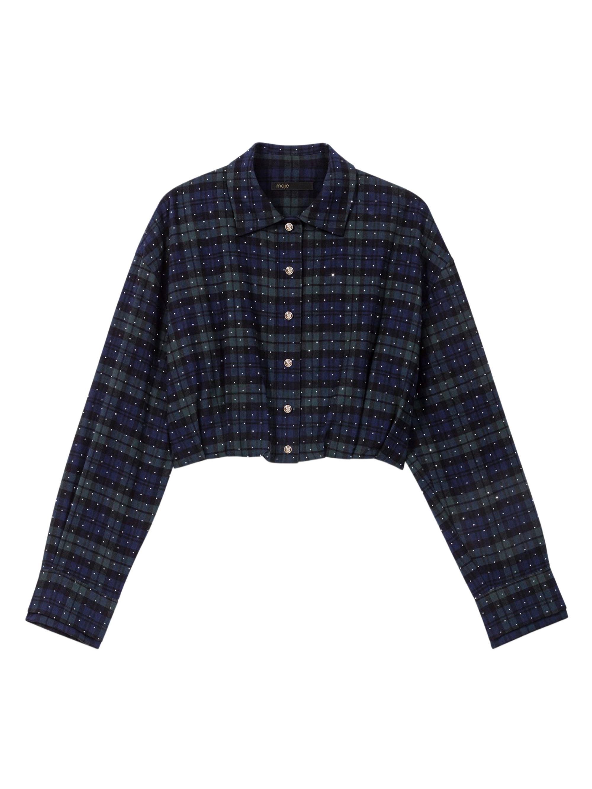 Maje Women's Checked Rhinestone Cropped Shirt - Blue Multi