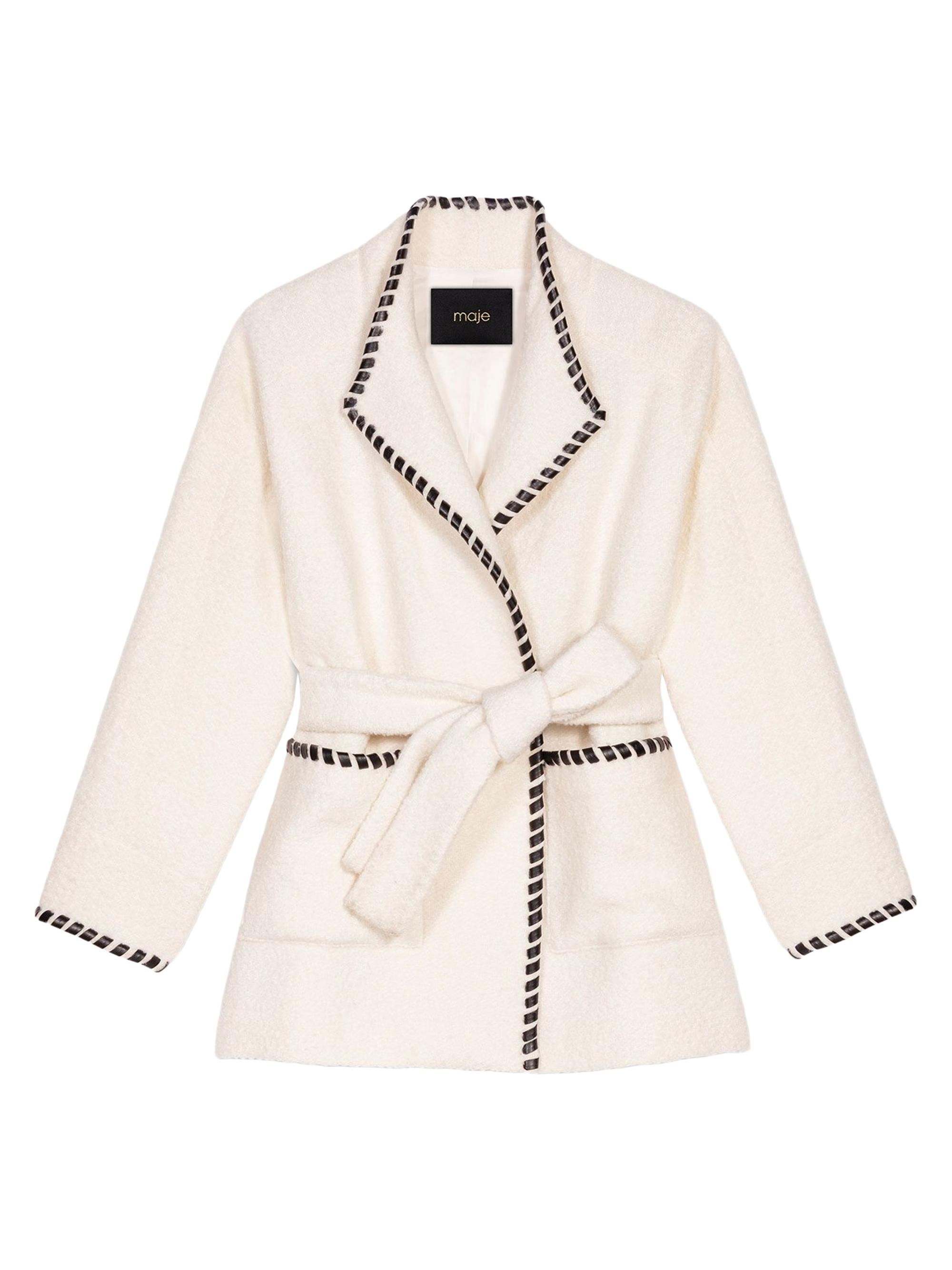 Maje Women's Lined Coat with Contrasting Ribbon - Ecru Black