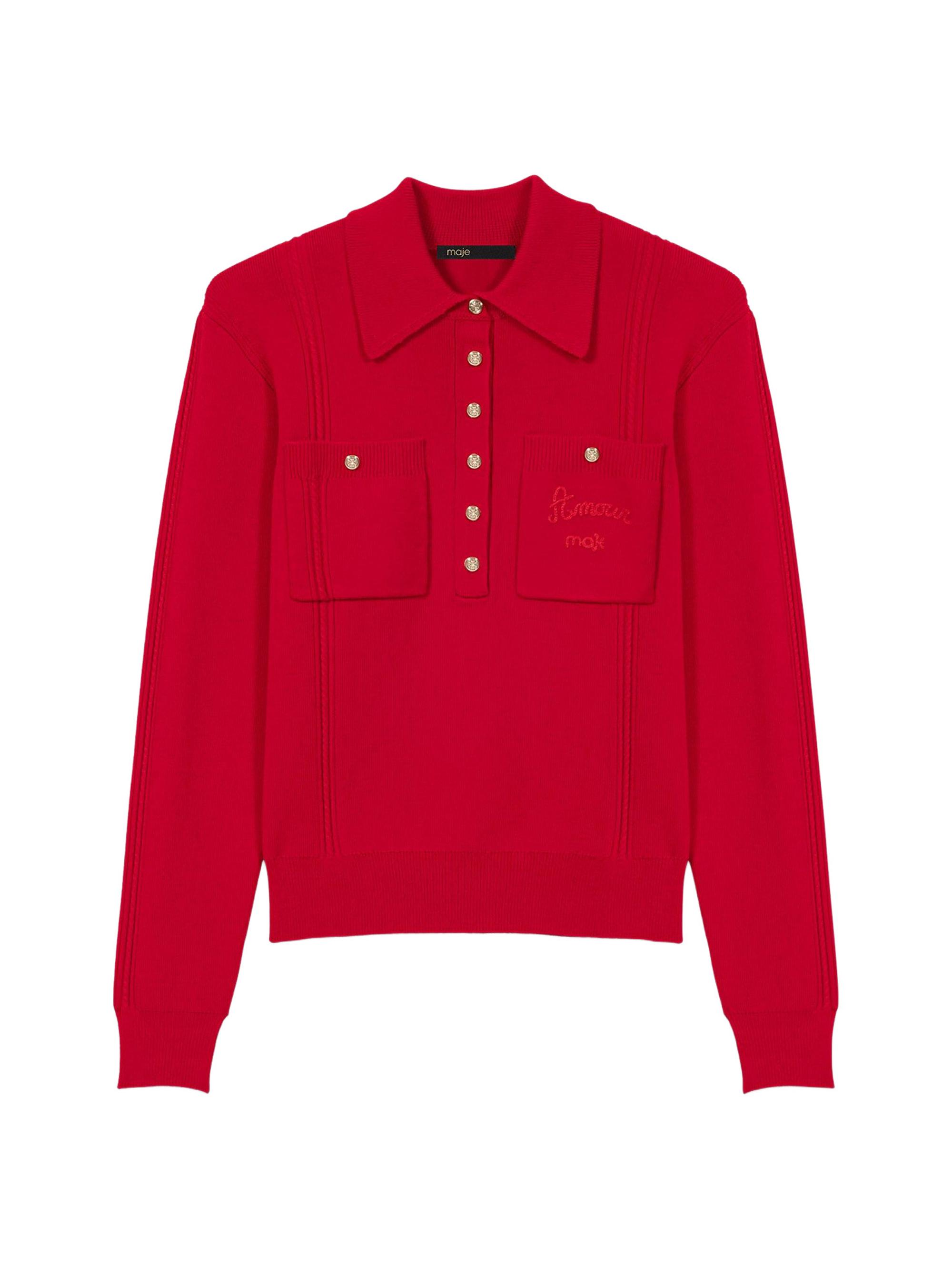 Maje Women's Polo Collar Jumper with Embroidery - Red