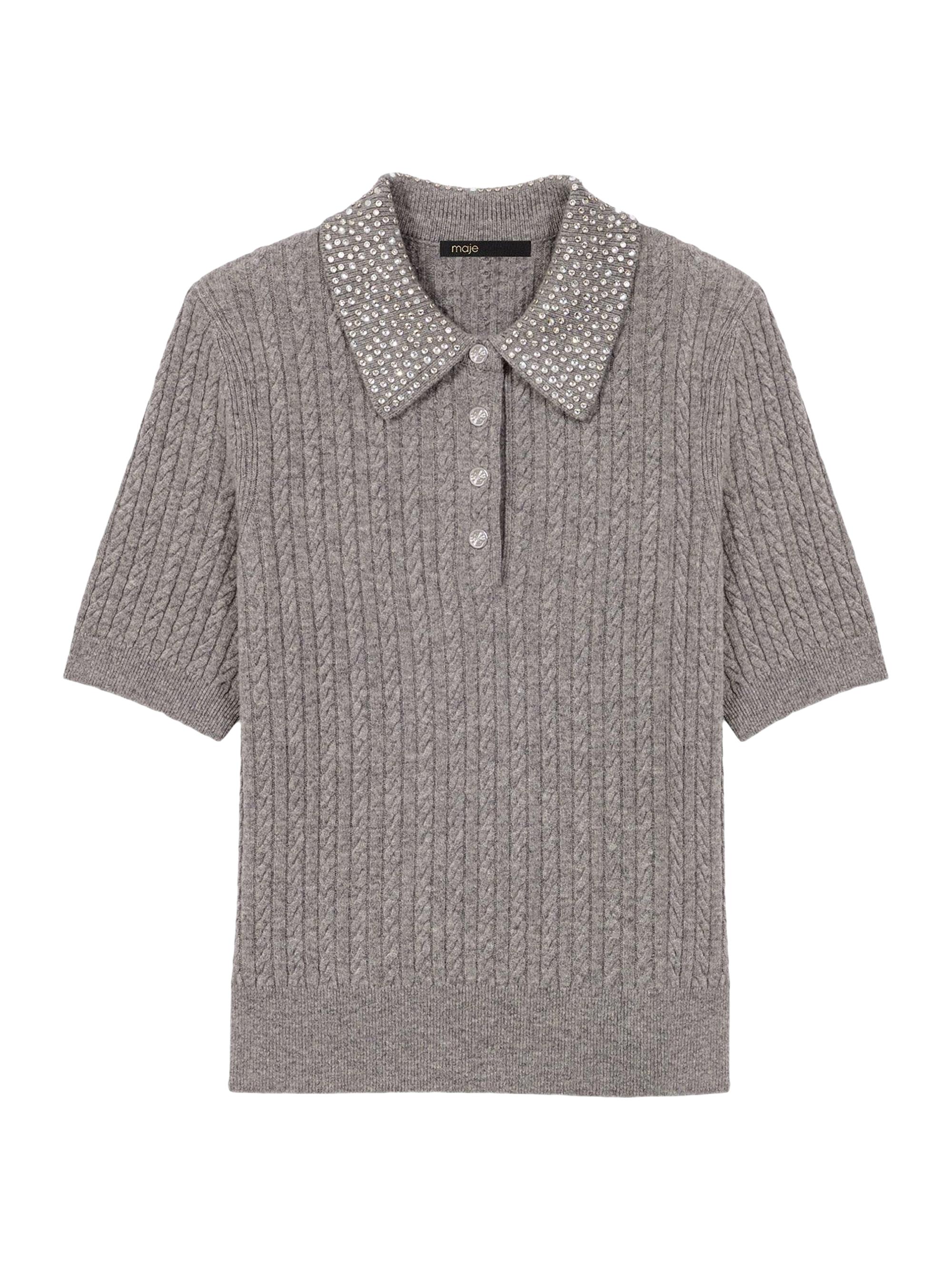 Maje Women's Wool Polo Shirt with Rhinestone Collar - Grey