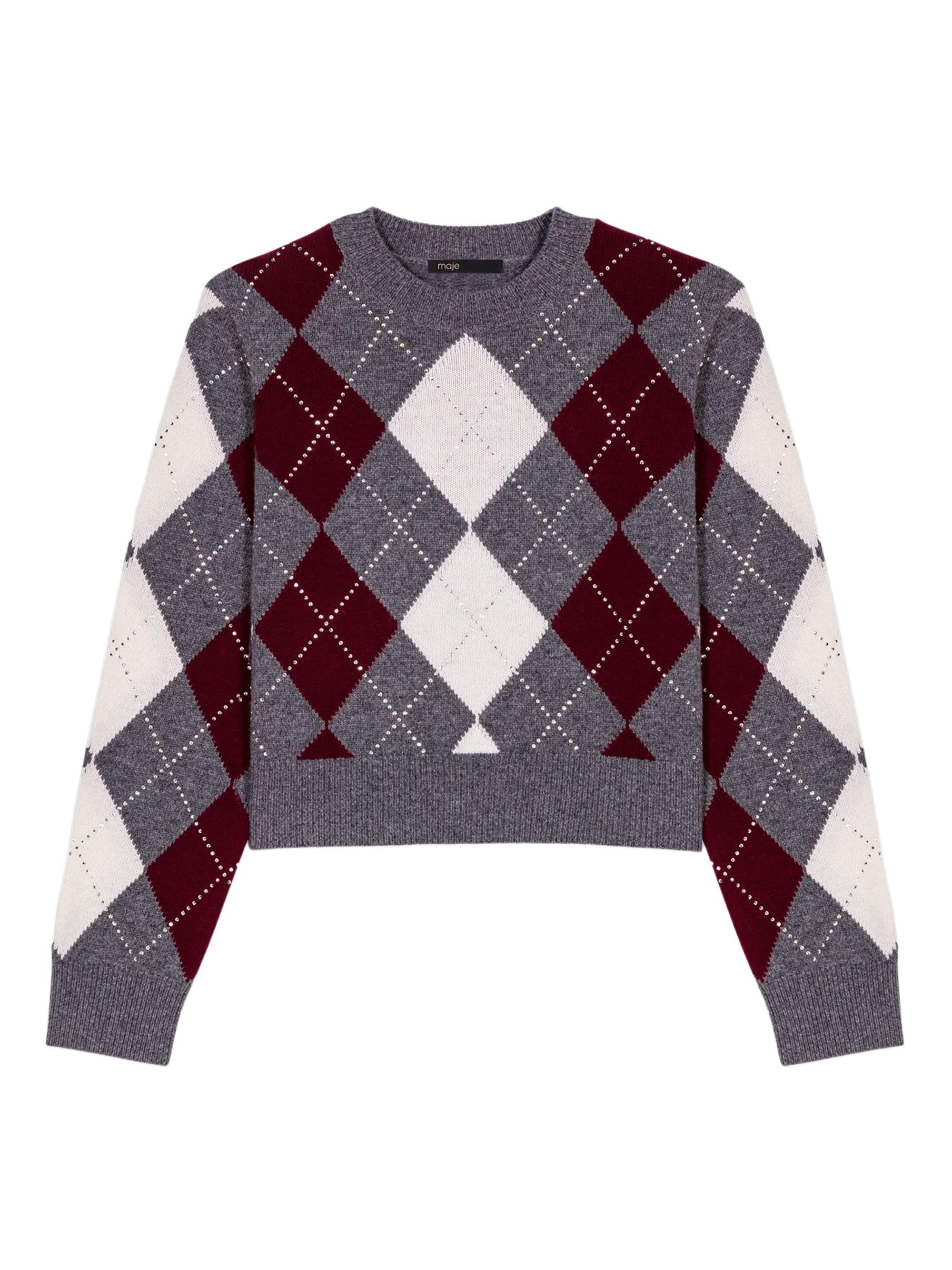Maje Women's Cropped Argyle Jumper - Gray Burgundy Ecru