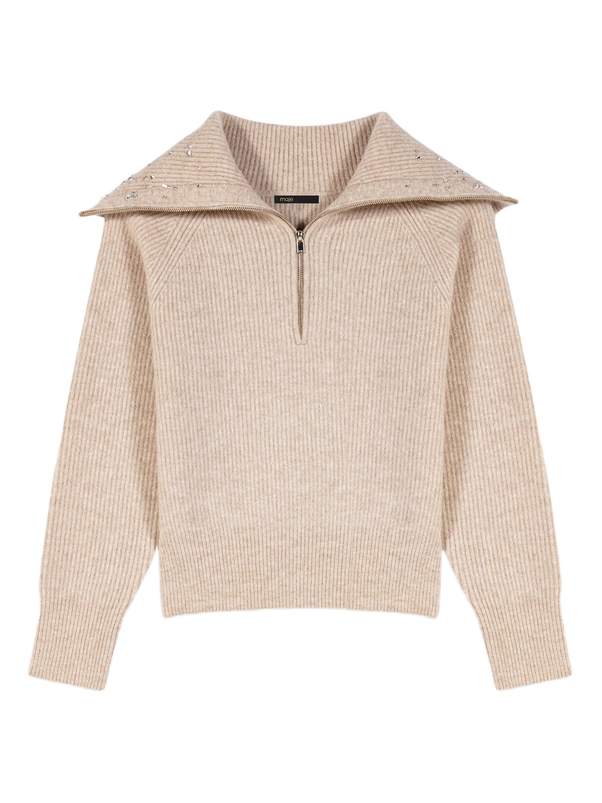 Maje Women's Rhinestone Jumper with Half Zip Collar - Beige