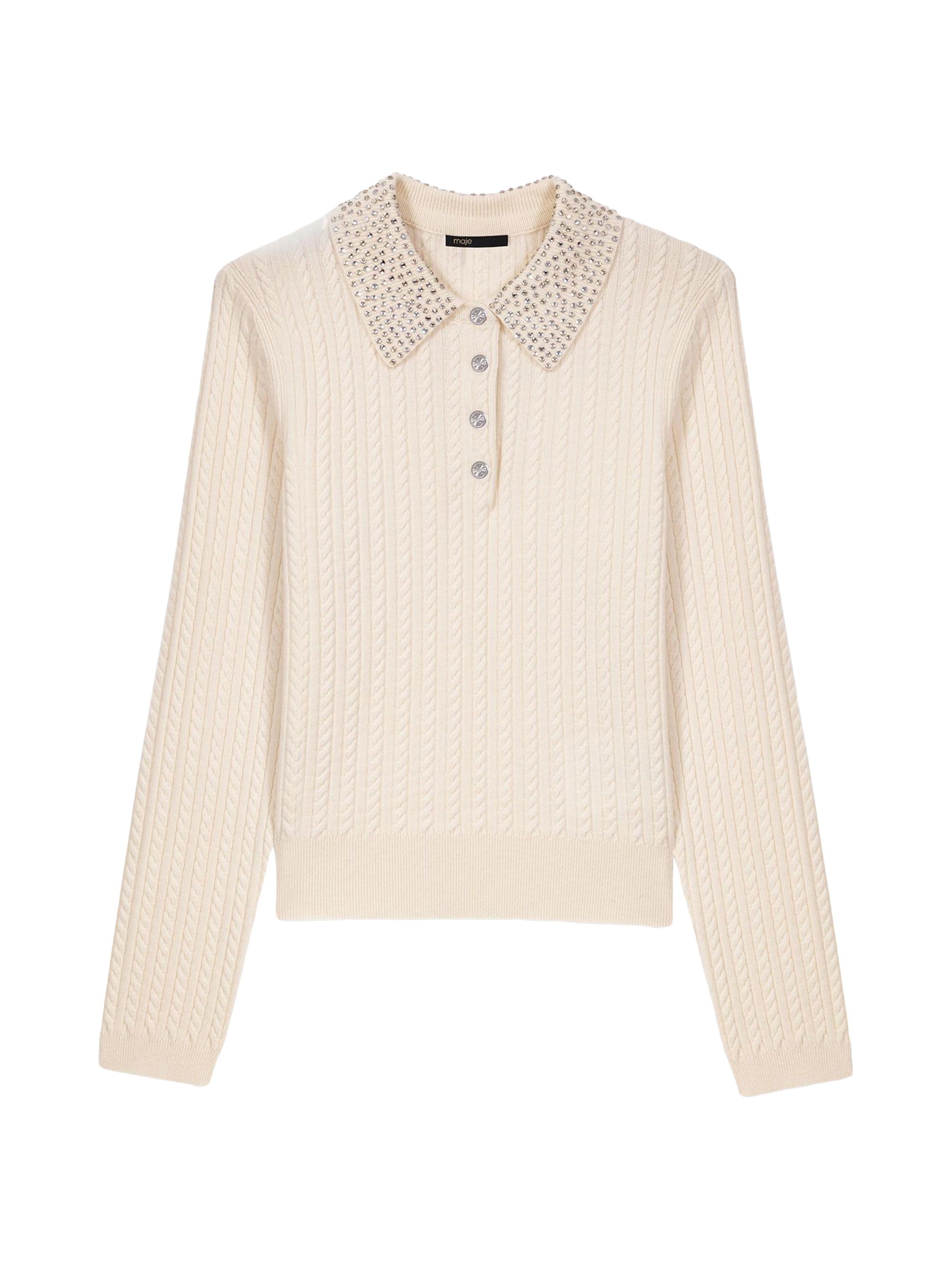 Maje Women's Knit Polo Shirt with Rhinestone Collar - Ecru