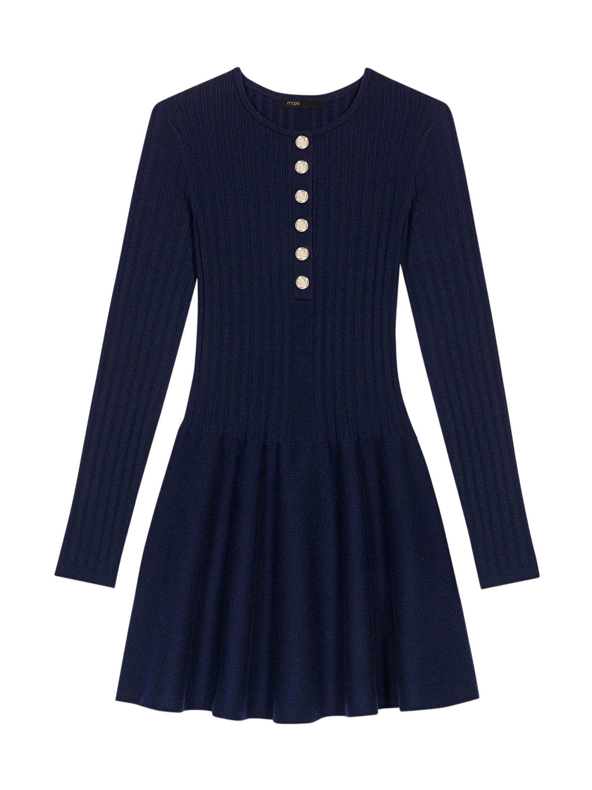 Maje Women's Knit Dress with Flared Skirt - Navy