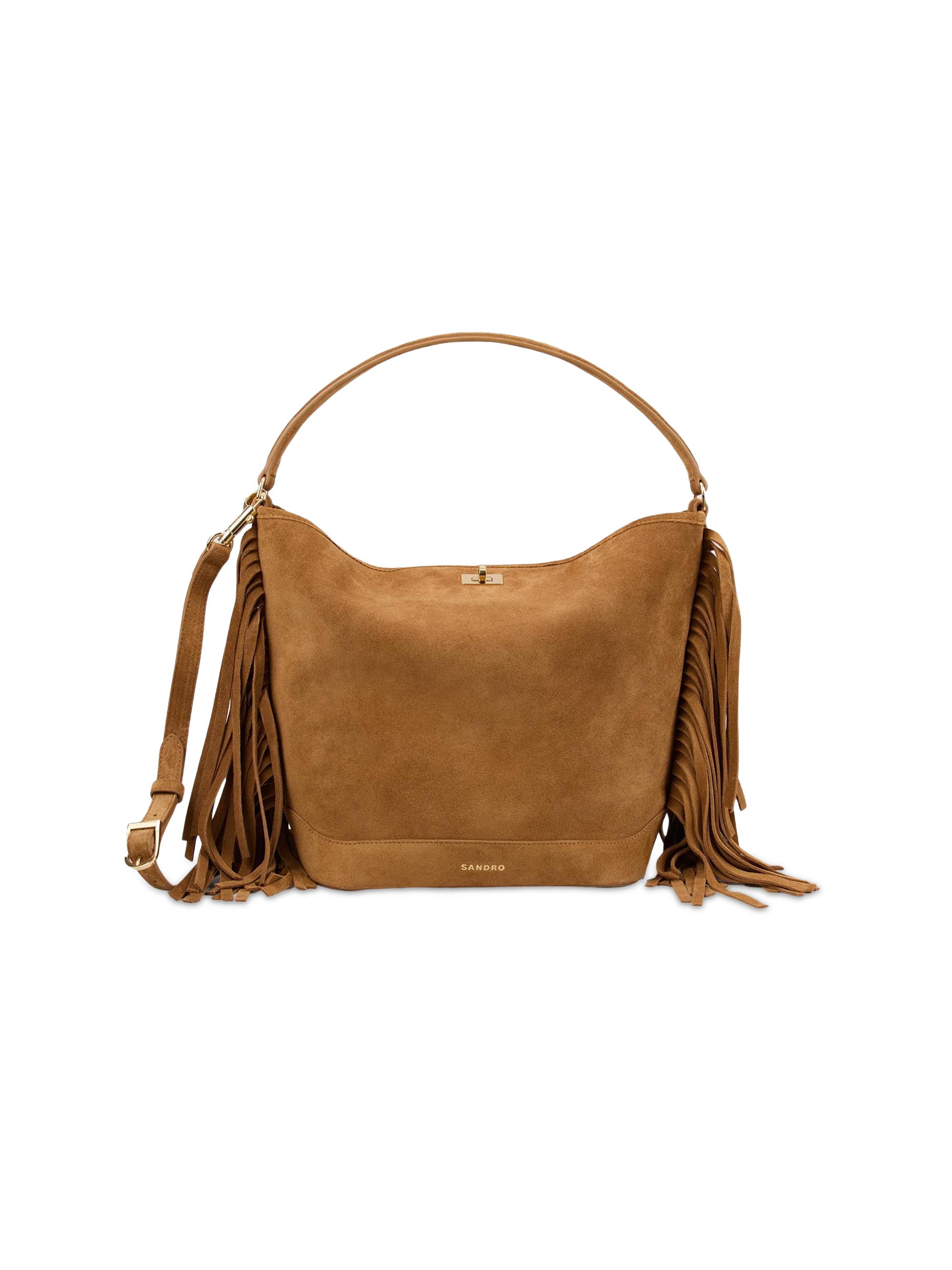 Sandro Women's Fringed Suede Bucket Bag - Camel