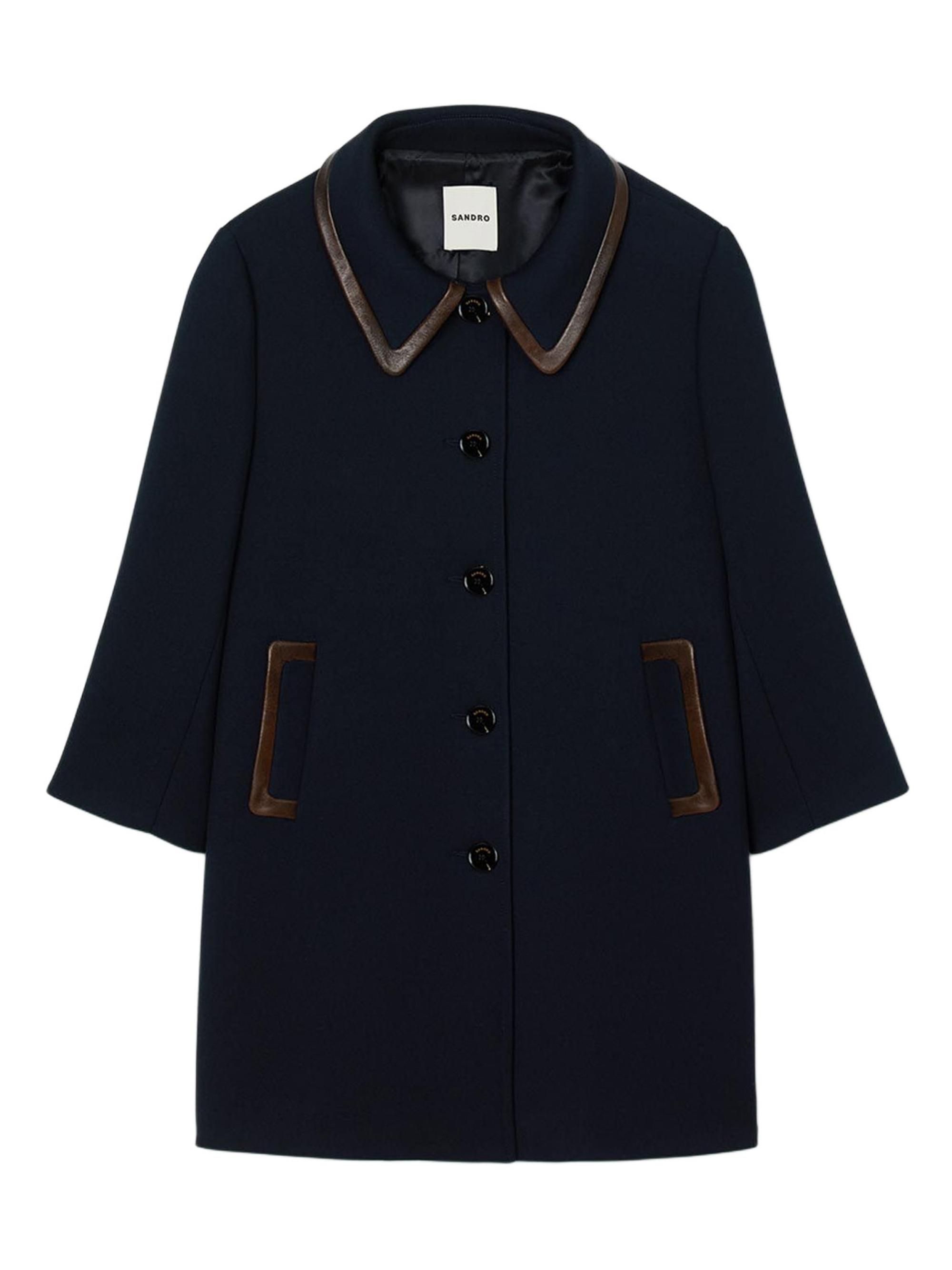 Sandro Women's Coat with Leather Stripes - Navy Blue