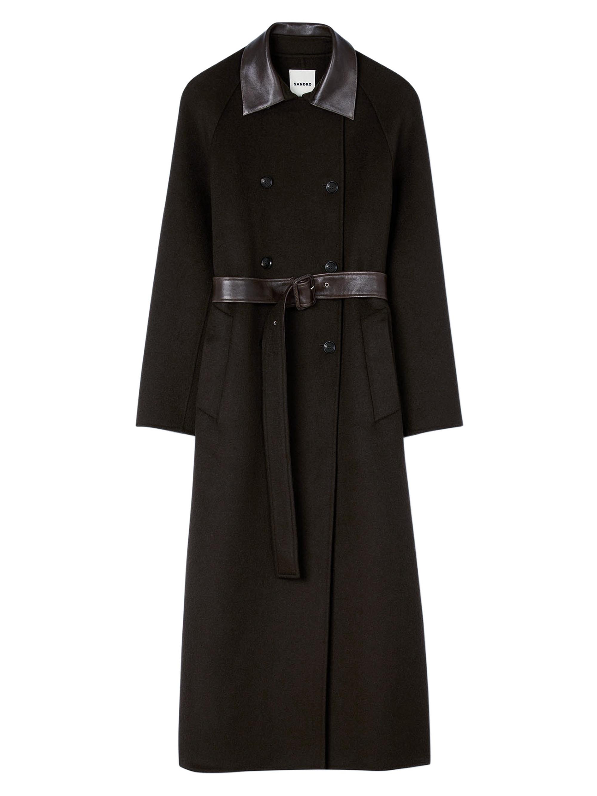 Sandro Long Wool and Leather Coat | Saks Fifth Avenue