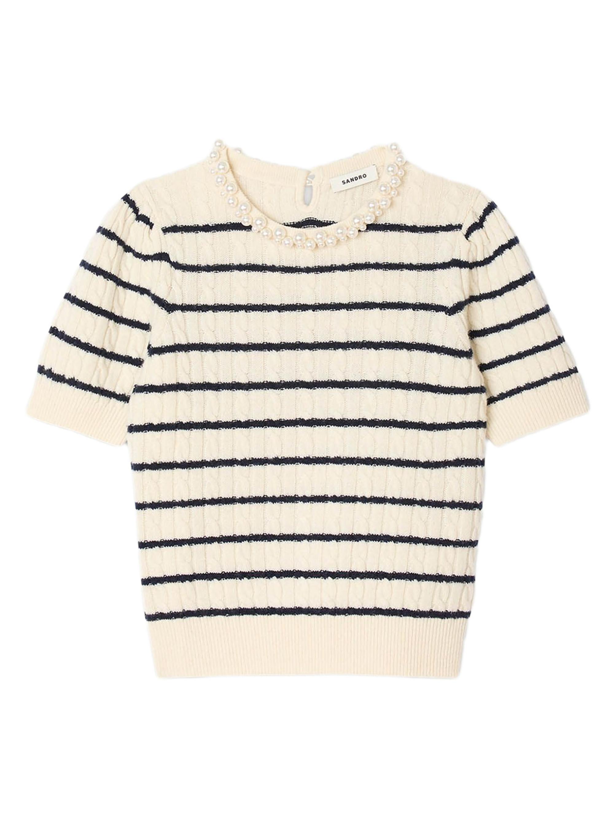 Sandro Women's Striped Jumper with Pearl Collar - Ecru