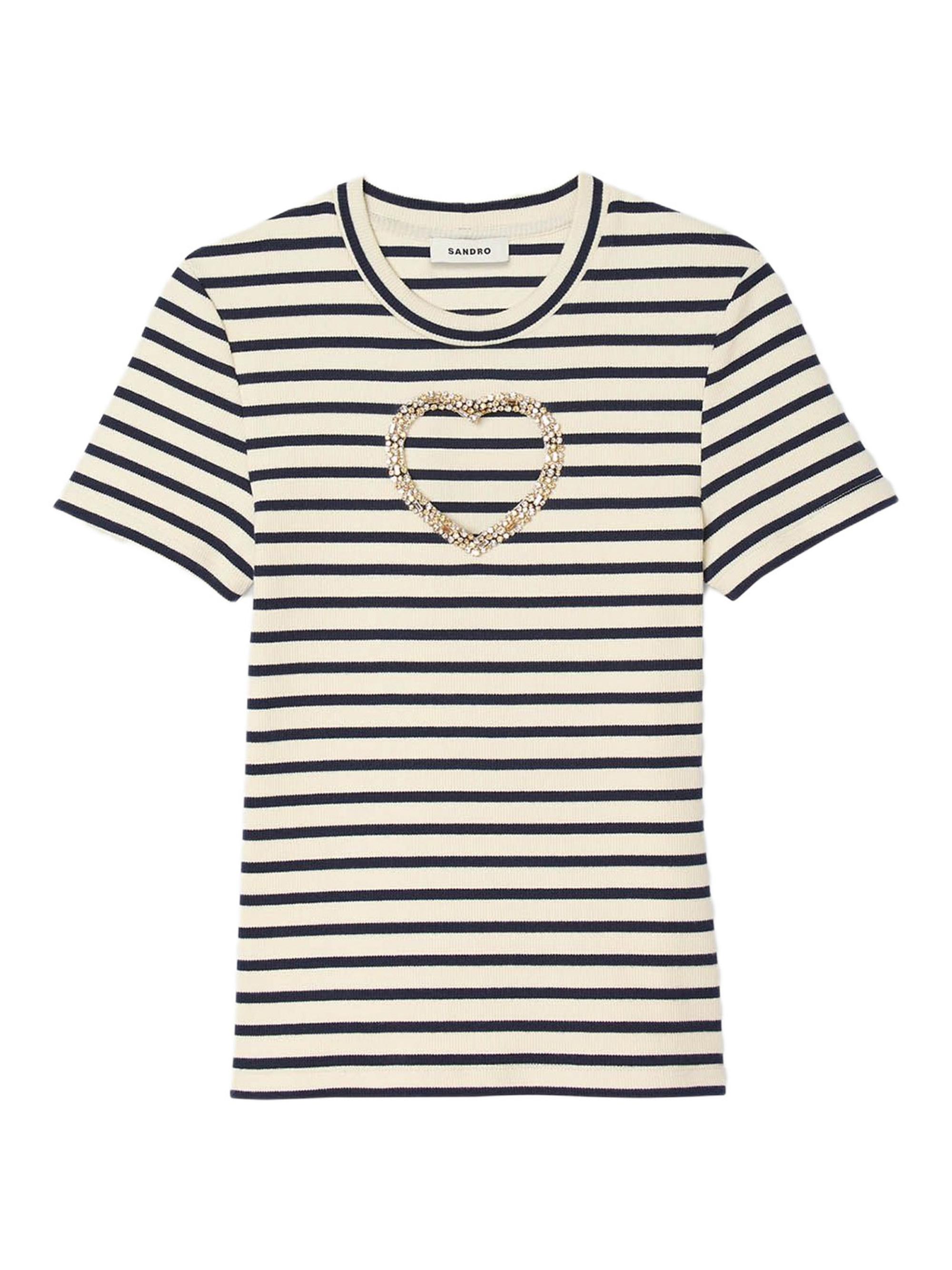 Sandro Women's Rhinestone Heart T Shirt - Ecru