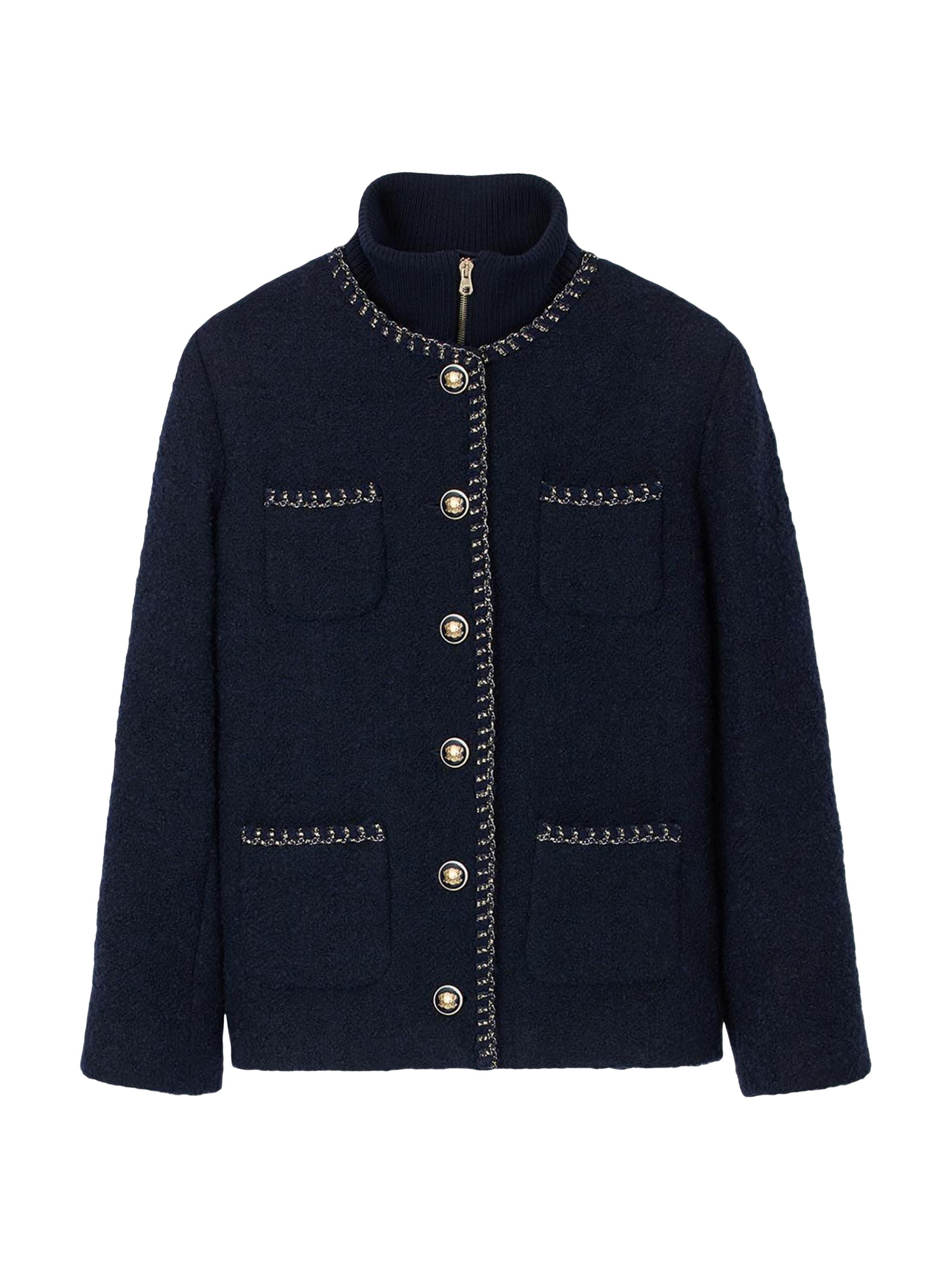 Sandro Women's Tweed Jacket with Decorative Trim - Navy Blue