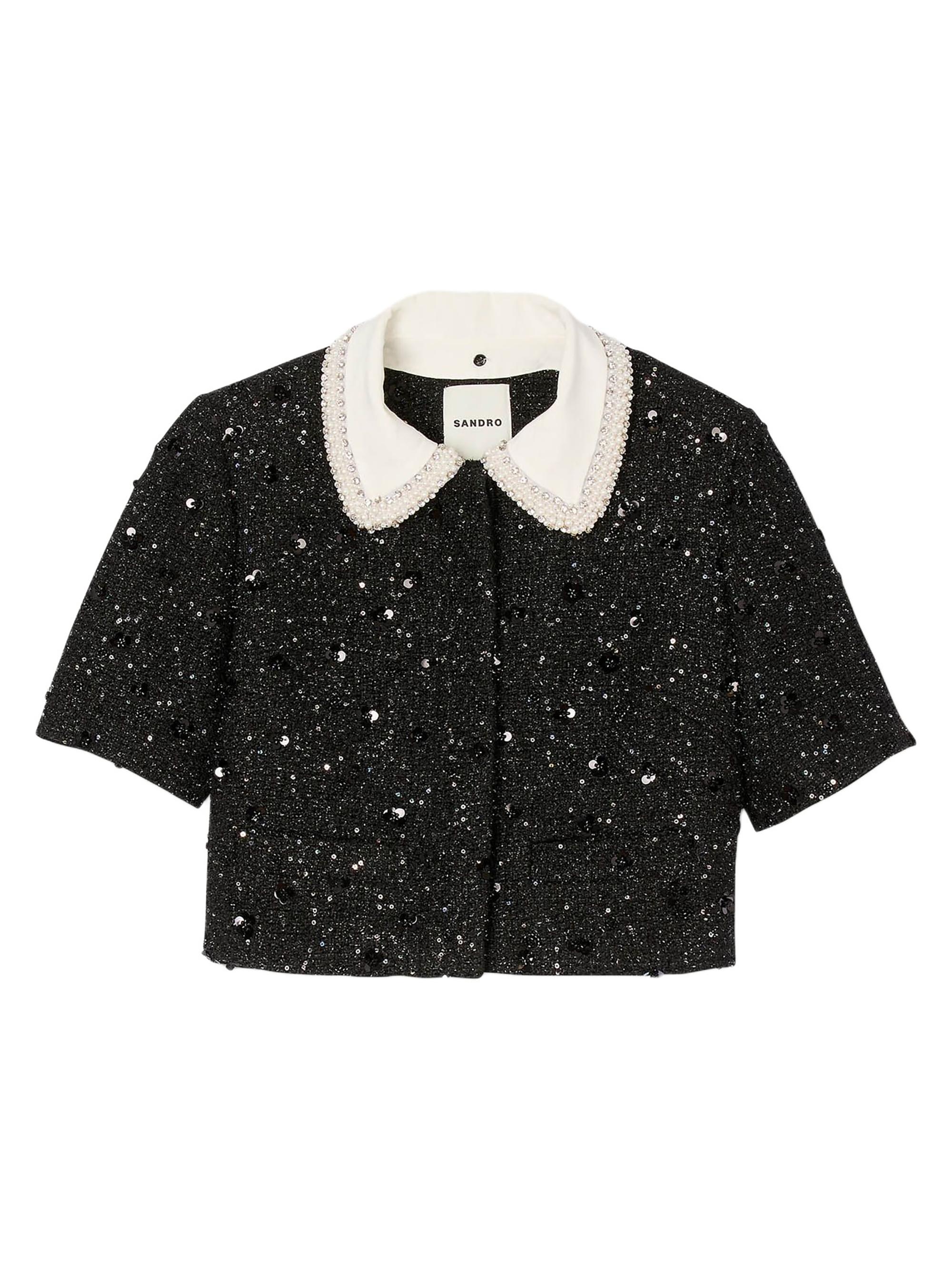 Sandro Women's Rhinestone Tweed Cropped Jacket - Black