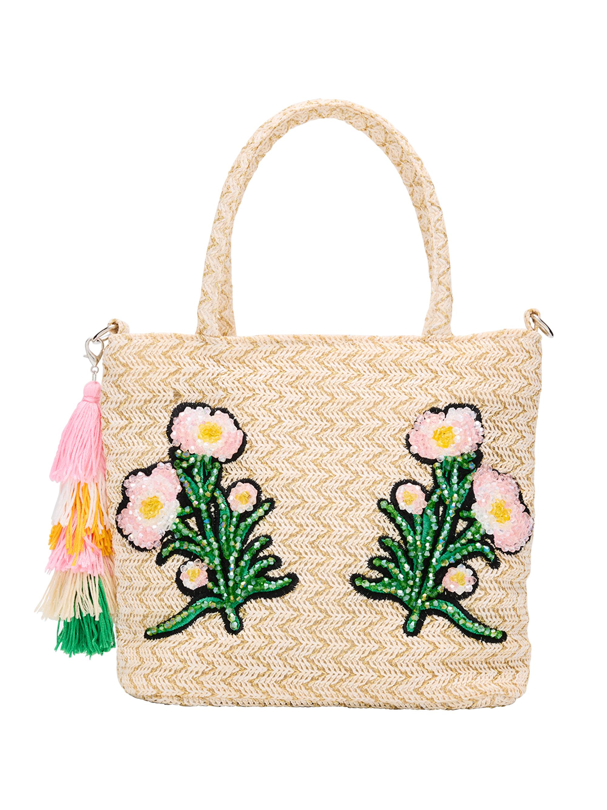 Bari Lynn Girl's Floral Embroidered Raffia Tote Bag - Multi Pattern