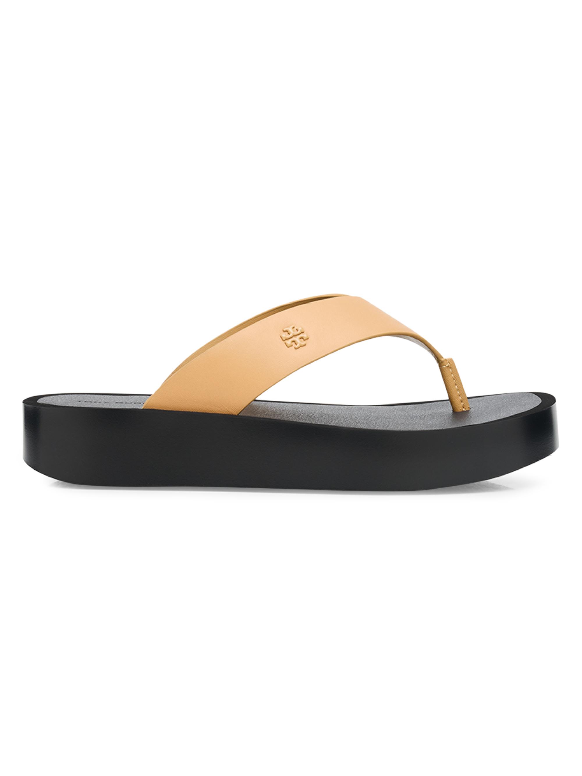 Tory Burch Women's Logo-Medallion Leather Platform Flip-Flops - Tan