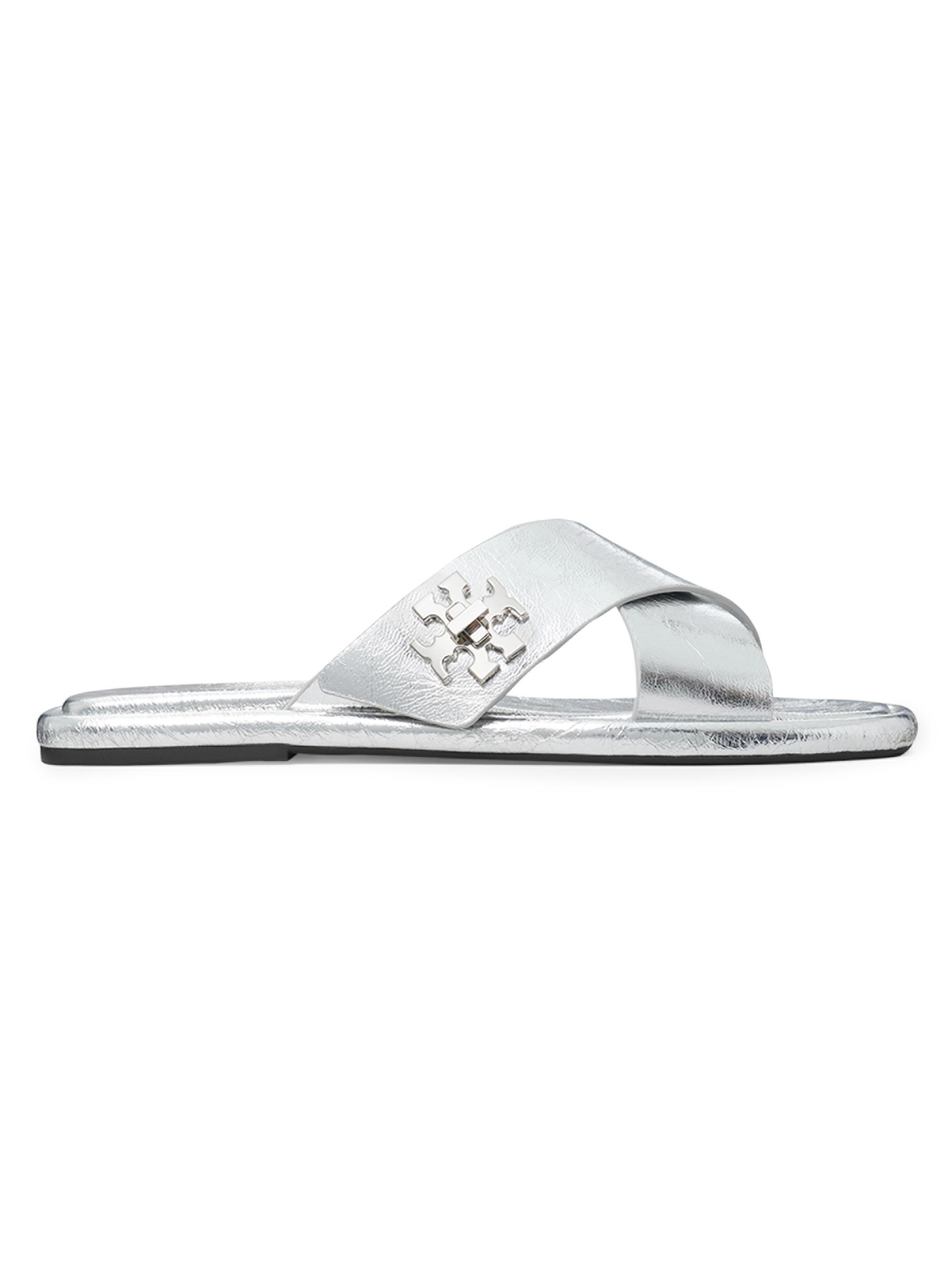 Tory Burch Women's Crisscross Metallic Leather Flat Sandals - Silver
