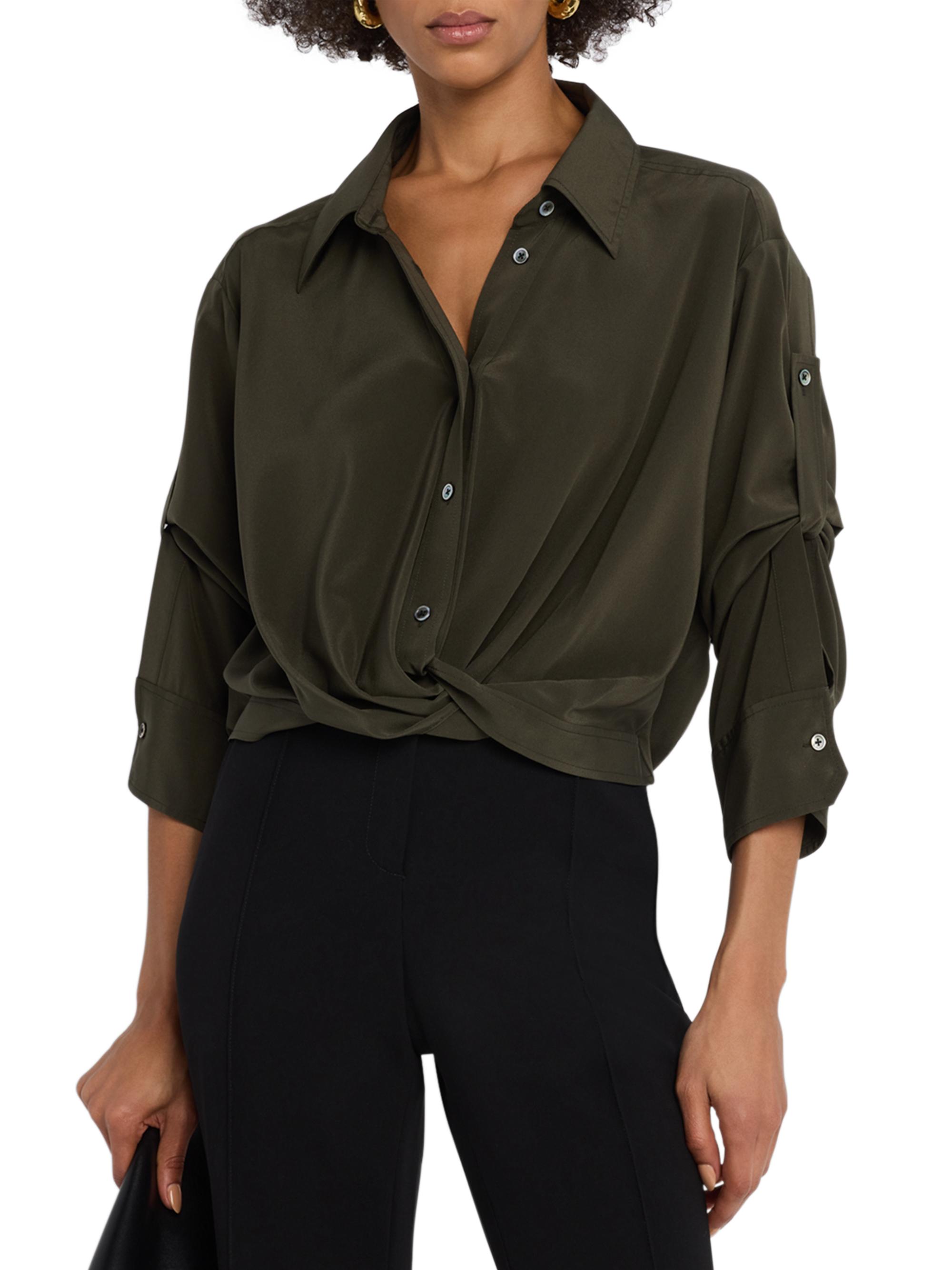 A.L.C. Leo Twist-Hem Cropped Stretch-Silk Blouse | Saks Fifth Avenue