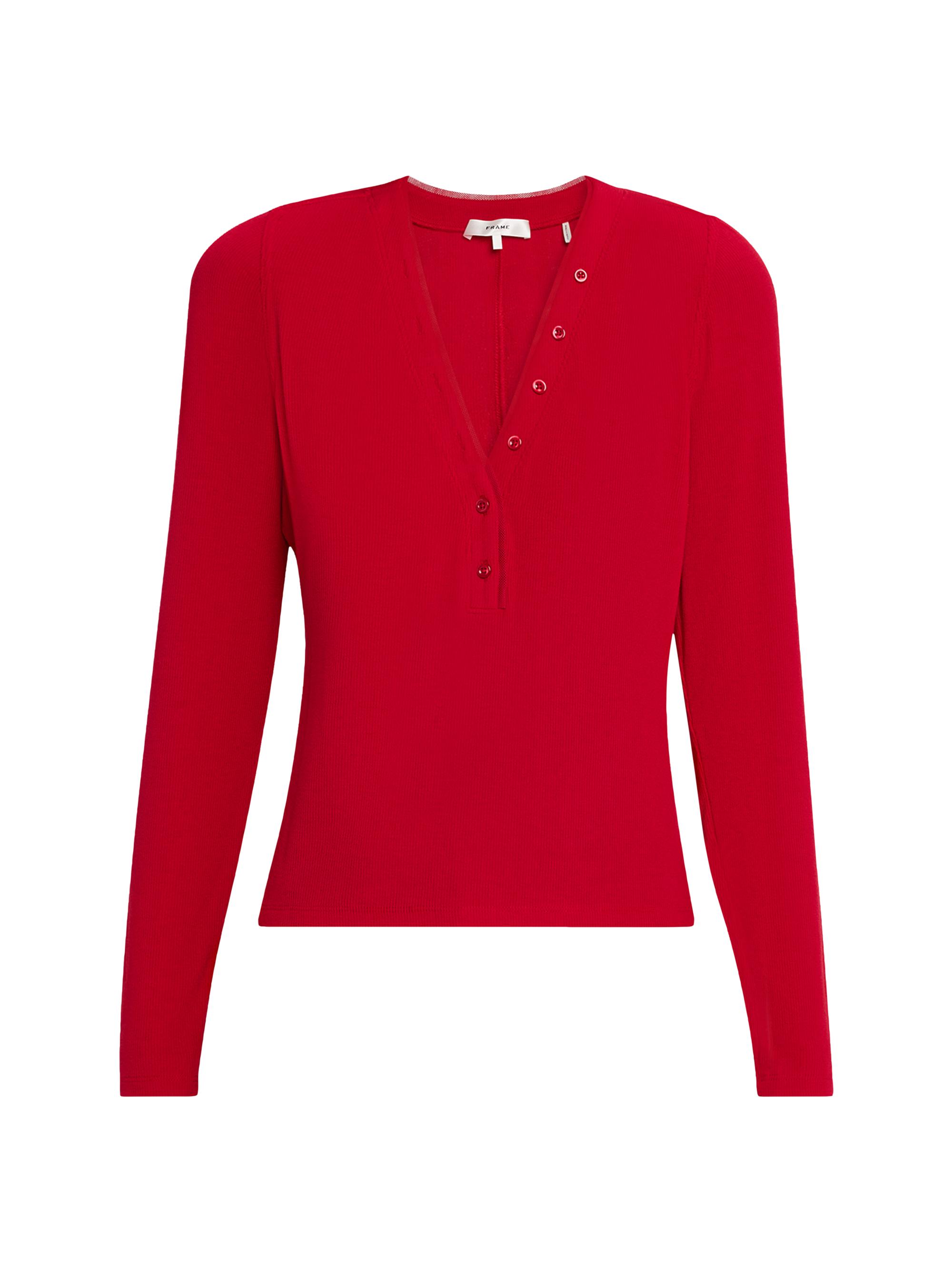 FRAME Women's The Mesh Trim Ribbed Henley Top - Bright Raspberry