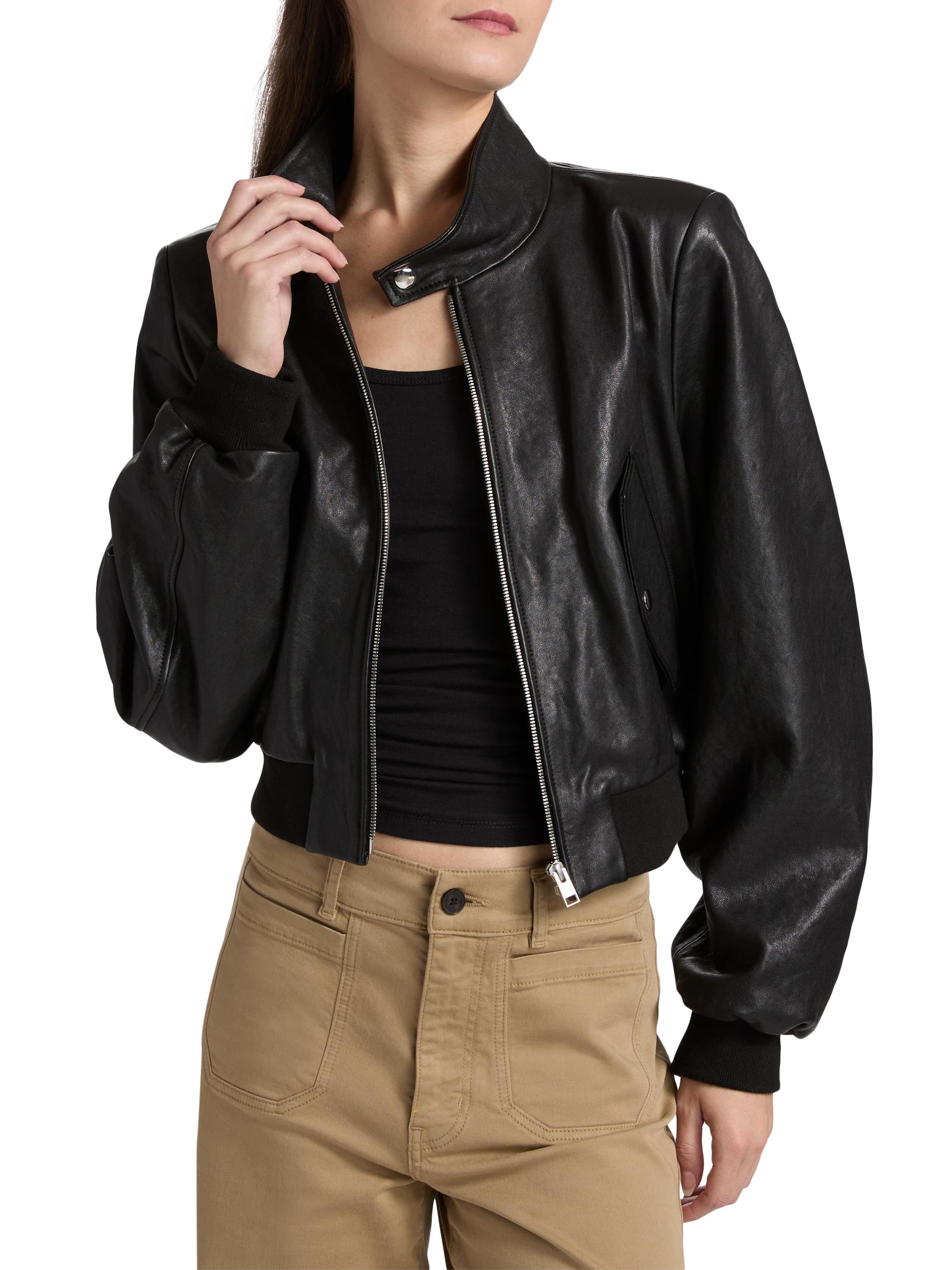 FRAME Women's Harrington Leather Bomber Jacket - Black - side view in Black