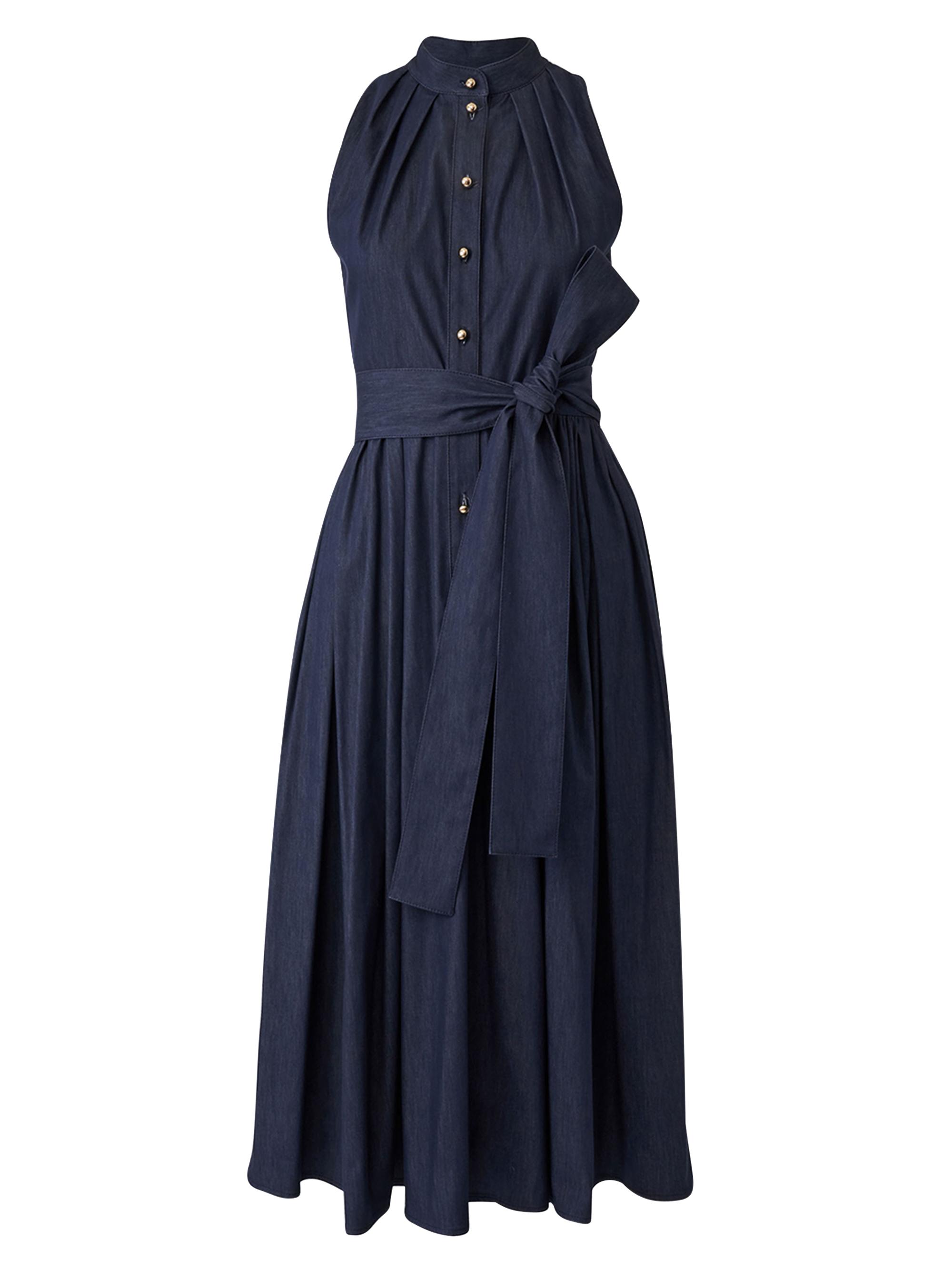 Carolina Herrera Women's Pleated Denim Self-Tie Midi-Dress - Dark Blue