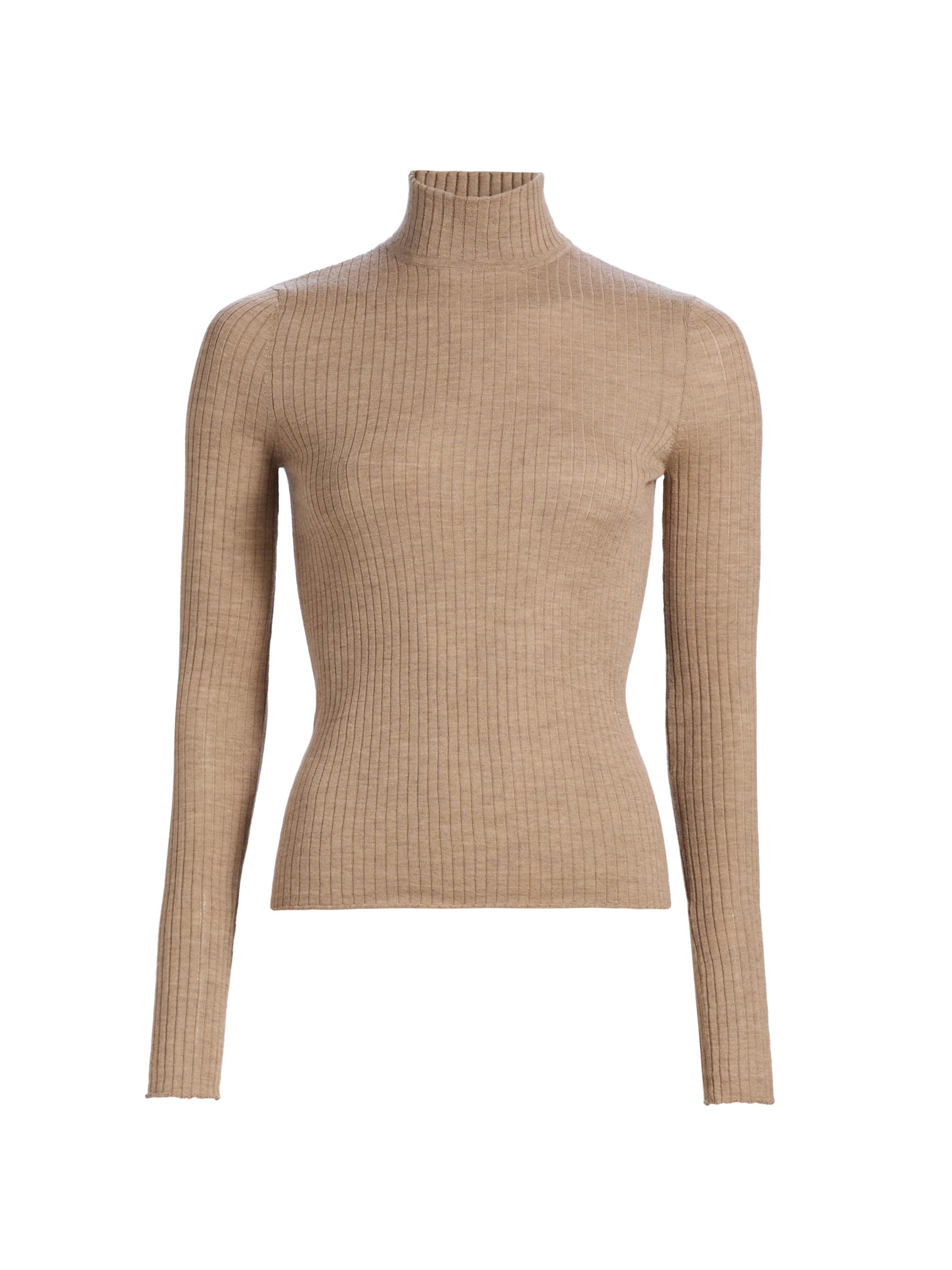 SPRWMN Women's Rib-Knit Turtleneck Cashmere Sweater - Camel