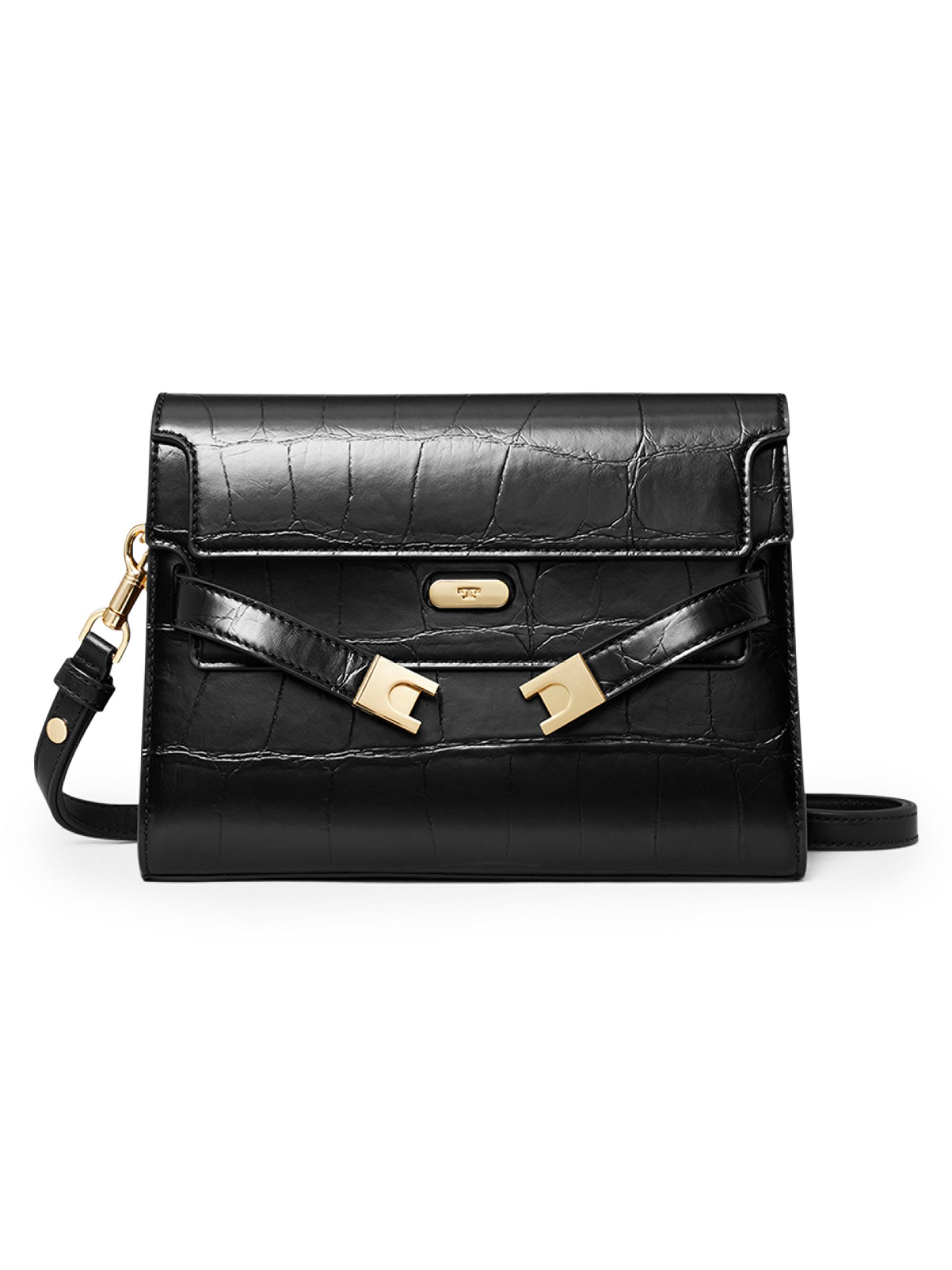 Tory Burch Women's Lee Radziwill Croc-Embossed Leather Shoulder Bag - Black