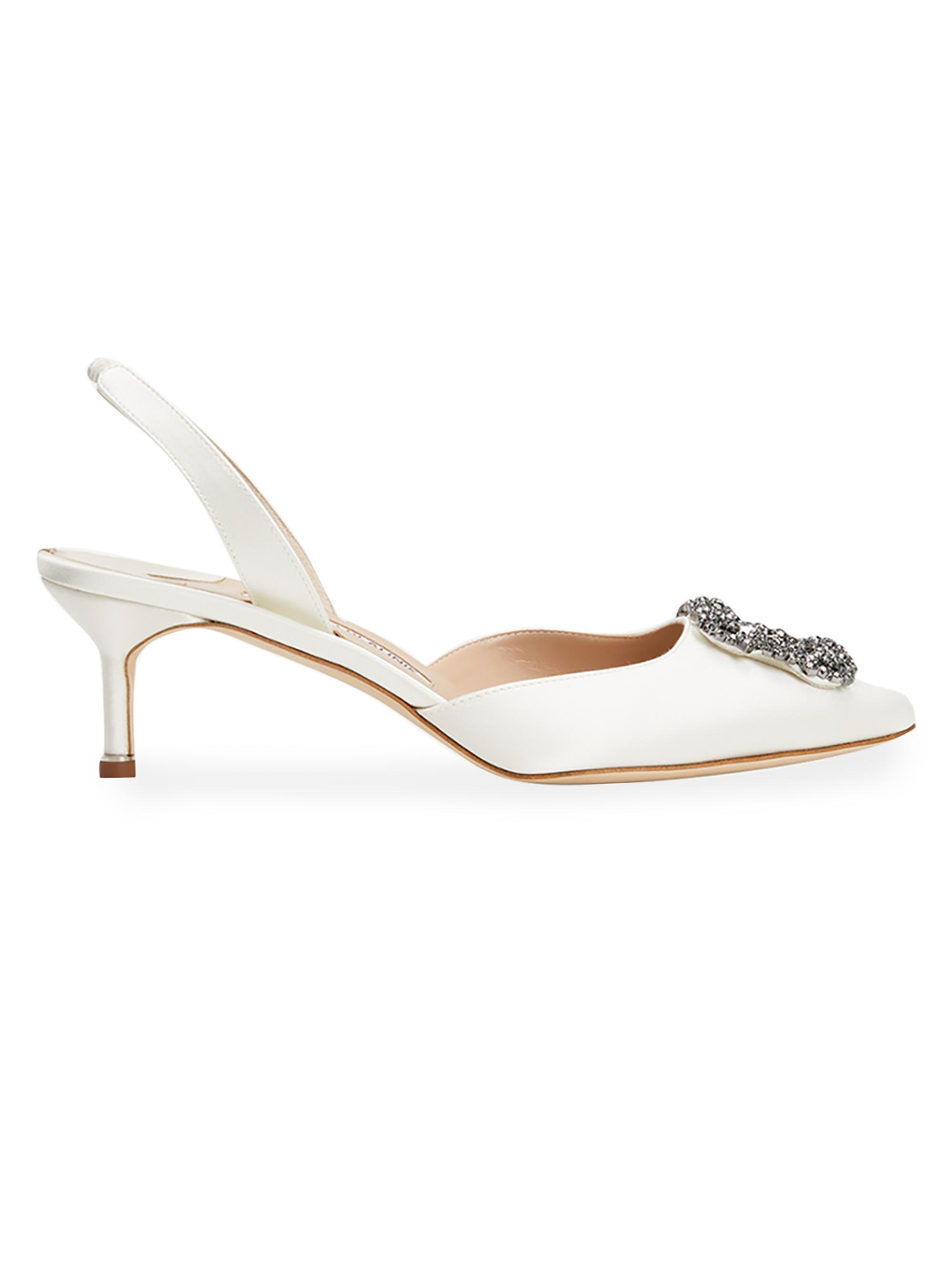 Manolo Blahnik Women's Hangsi 50MM Crystal-Buckle Satin Slingback Pumps - Cream