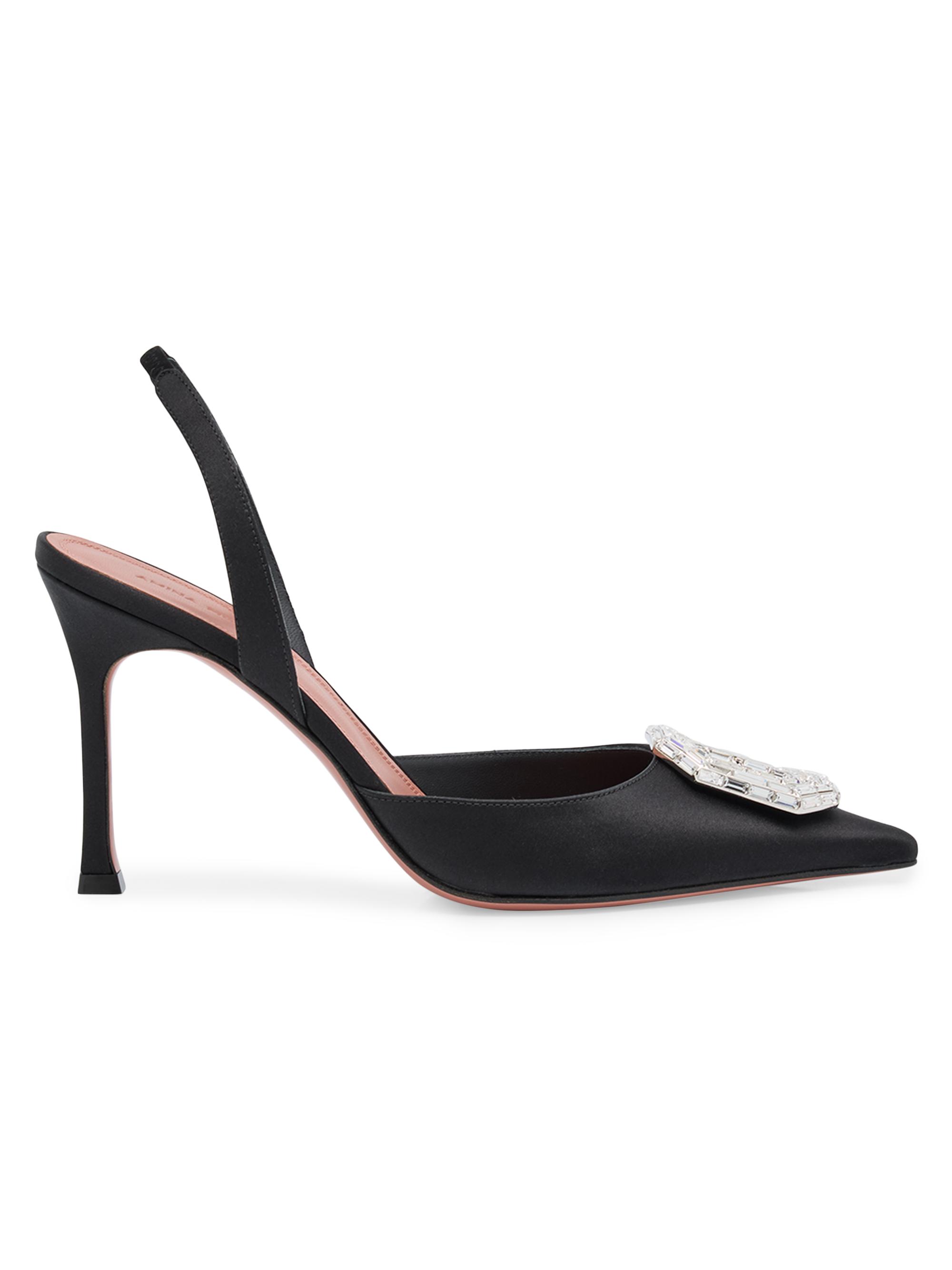 Amina Muaddi Women's Camelia Crystal-Ornament Satin Slingback Pumps - Black