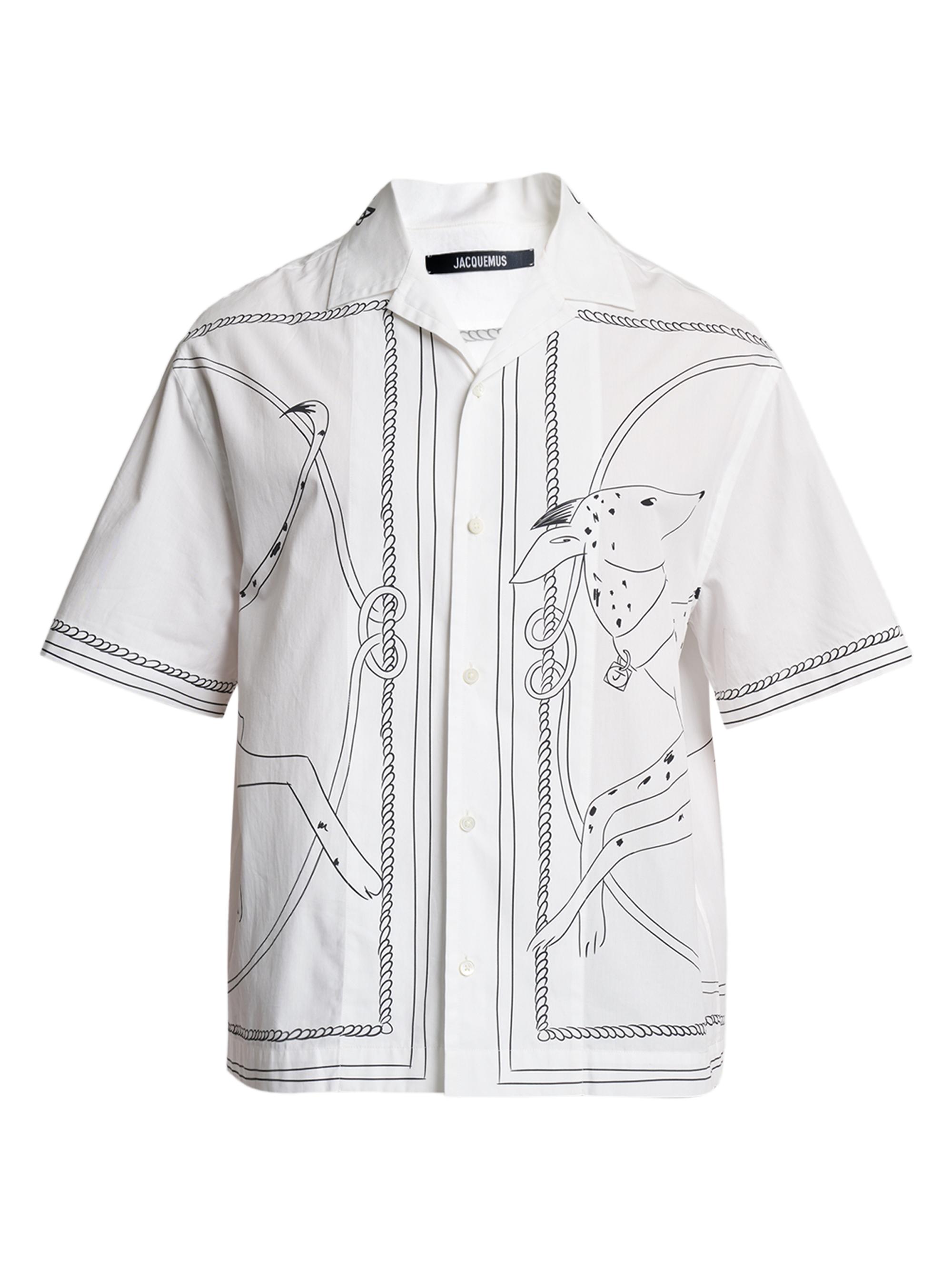 Jacquemus Men's Jean Dog-Printed Cotton Camp Shirt - White Black