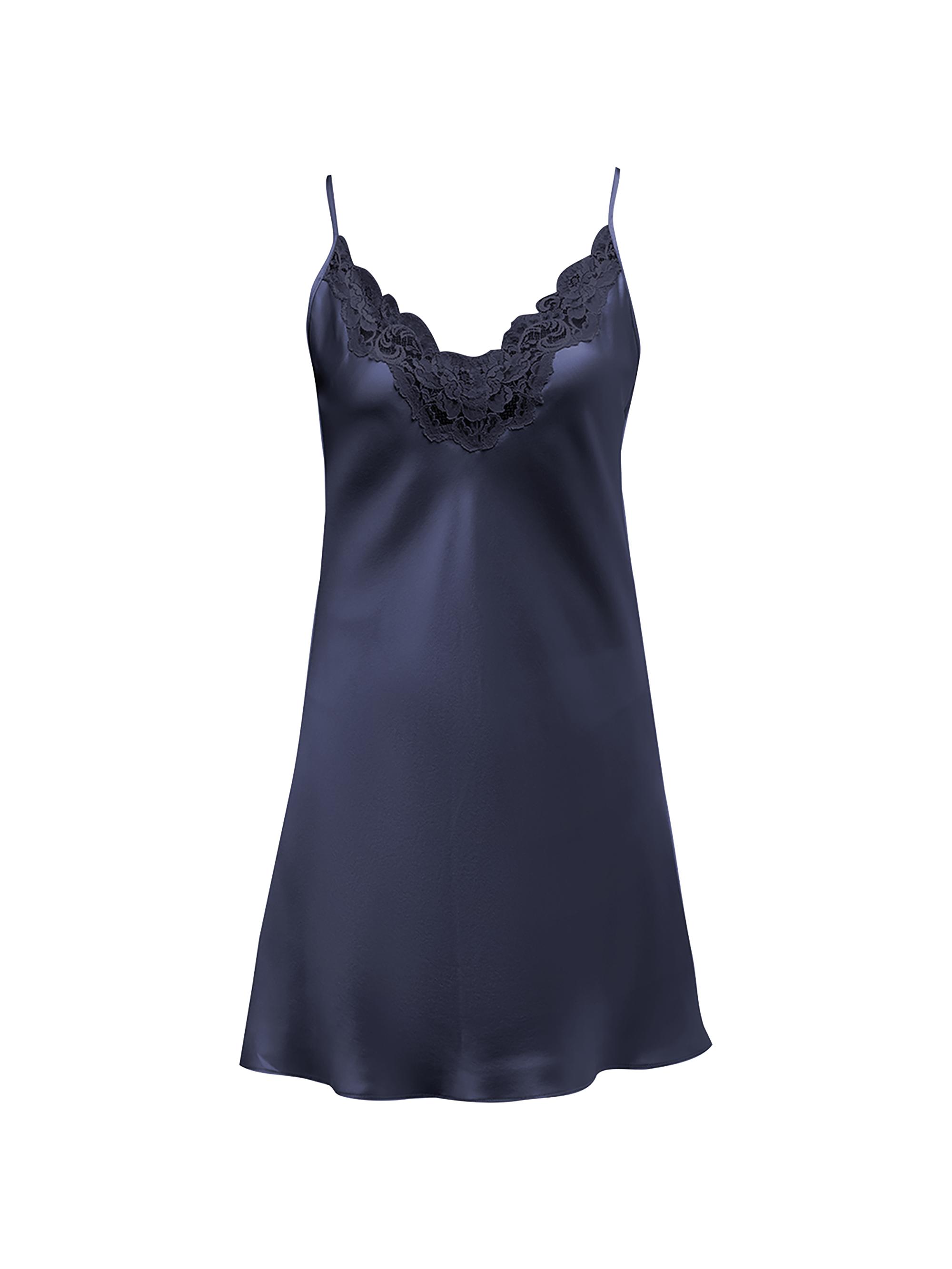 Christine Lingerie Women's Bijoux Lace-Trim Silk Chemise - Navy