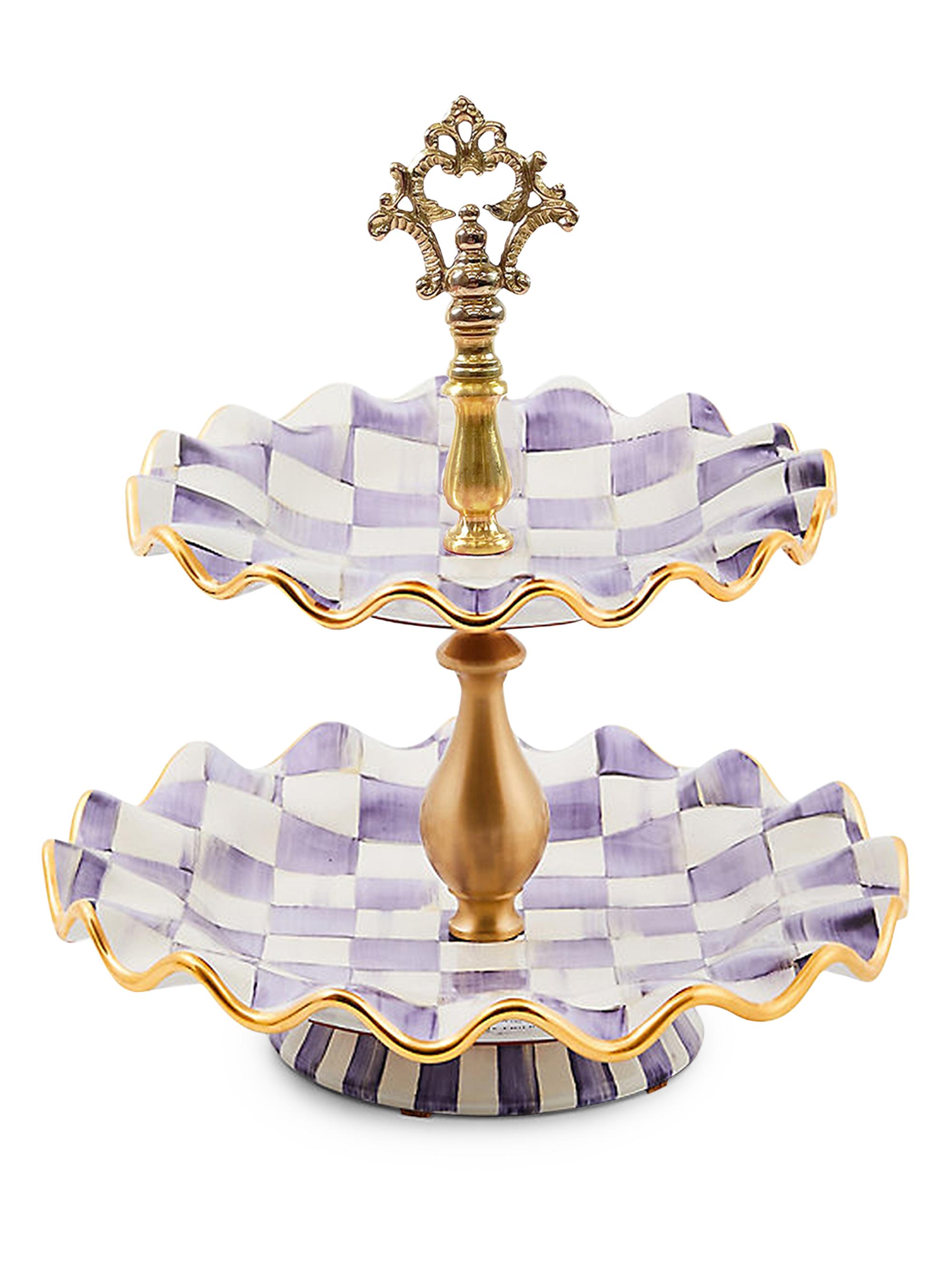 MacKenzie-Childs Plum Check Fluted Ceramic Two-Tier Sweet Stand
