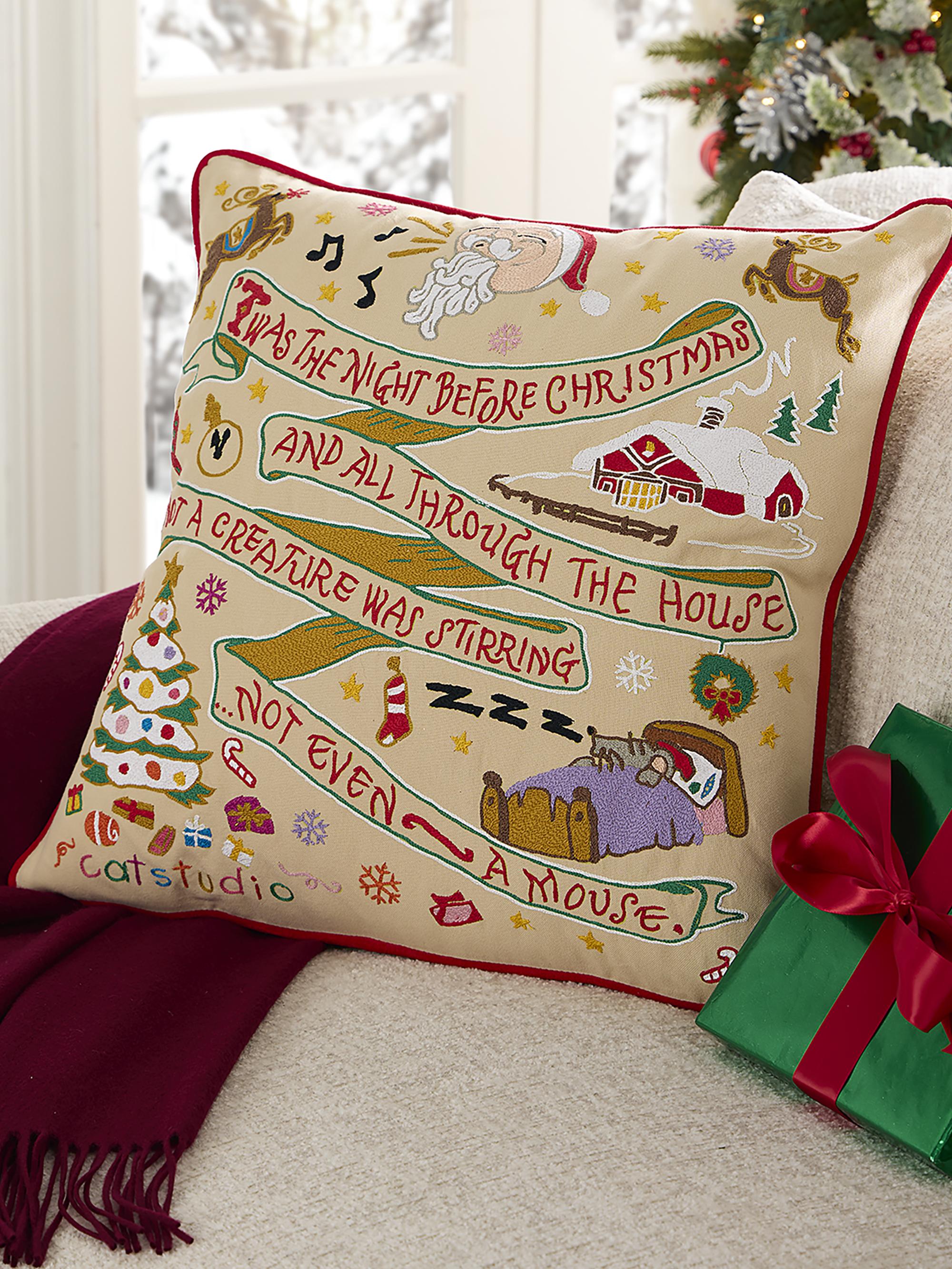 Cat Studio Night Before Christmas Hand-Embroidered Cotton Pillow