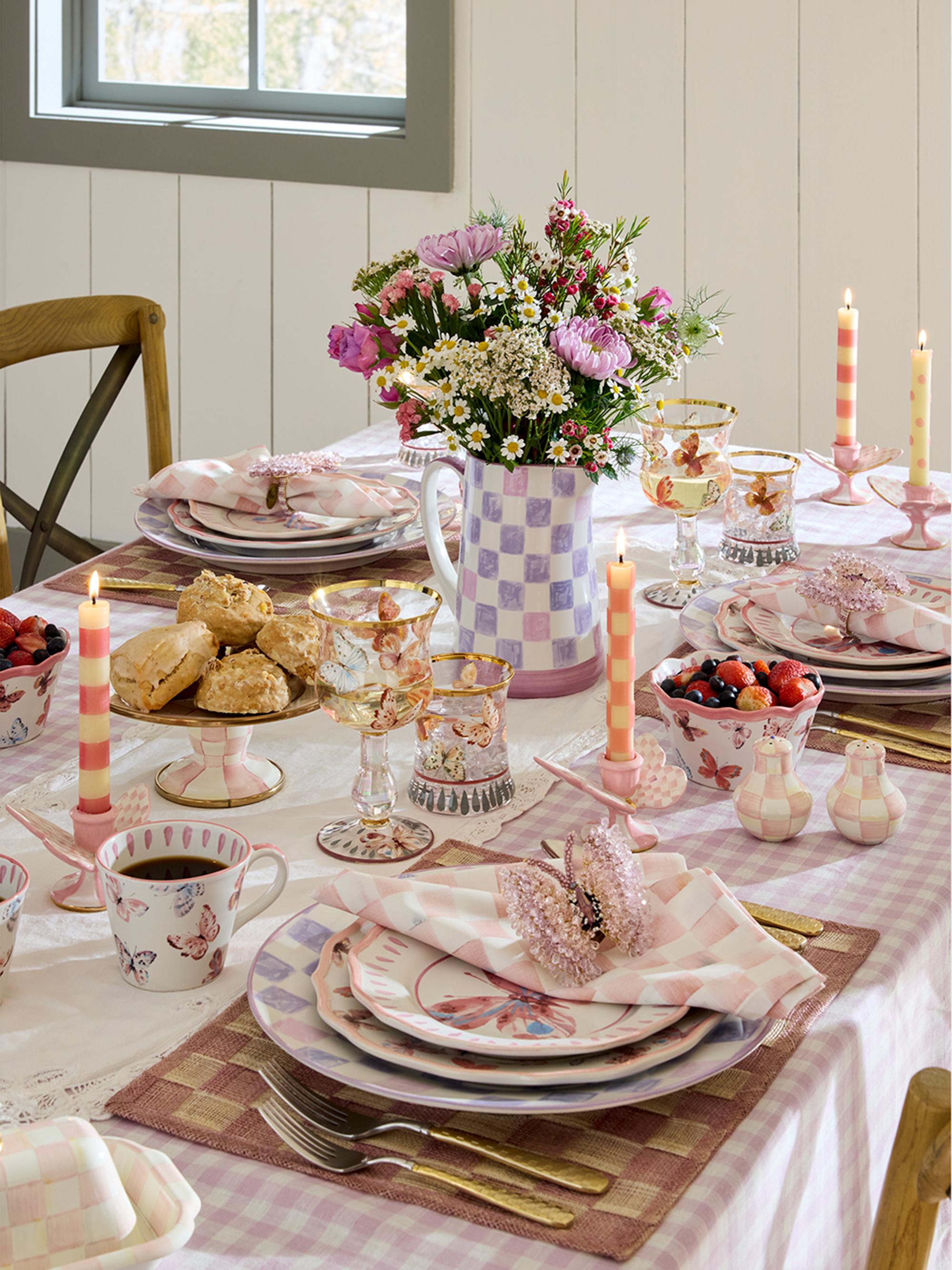 MacKenzie-Childs Rosy Check Butterfly Candle Holders, Set of 2